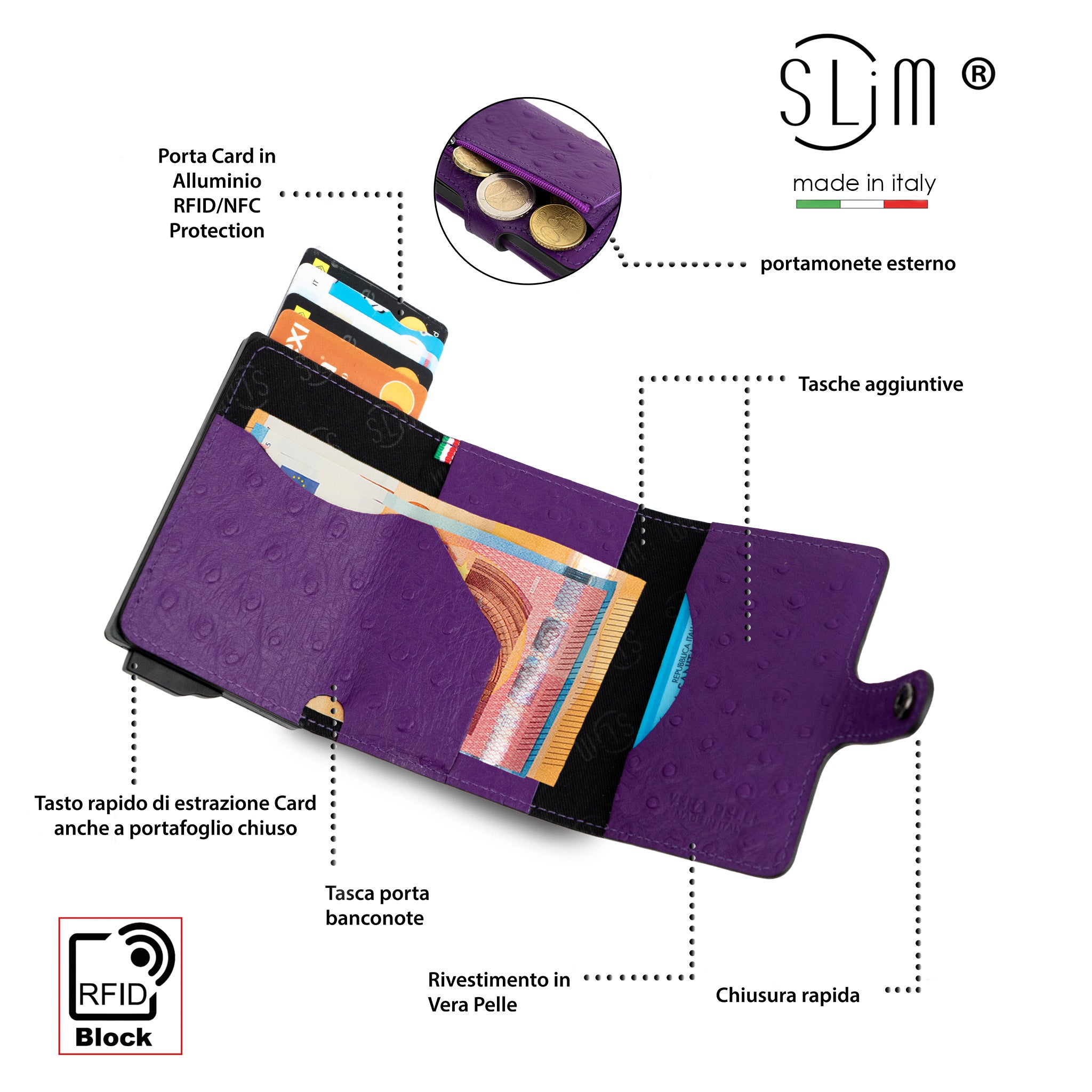 SLim Vera Pelle Portafoglio Stampa Struzzo Viola compatto RFID