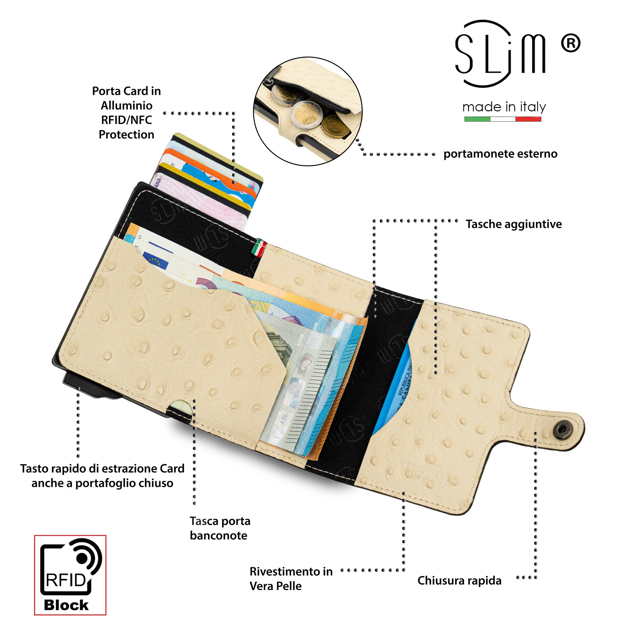SLim Vera Pelle Portafoglio Struzzo Beige RFID
