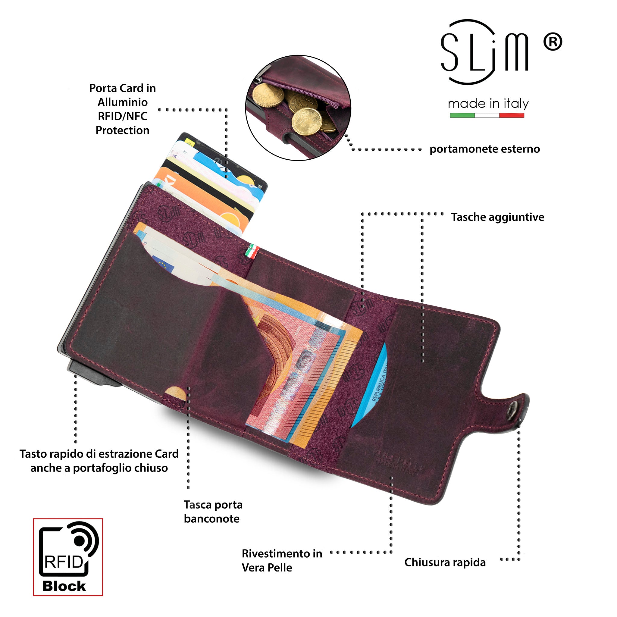 SLim Crazy Horse Viola portafoglio compatto pelle RFID