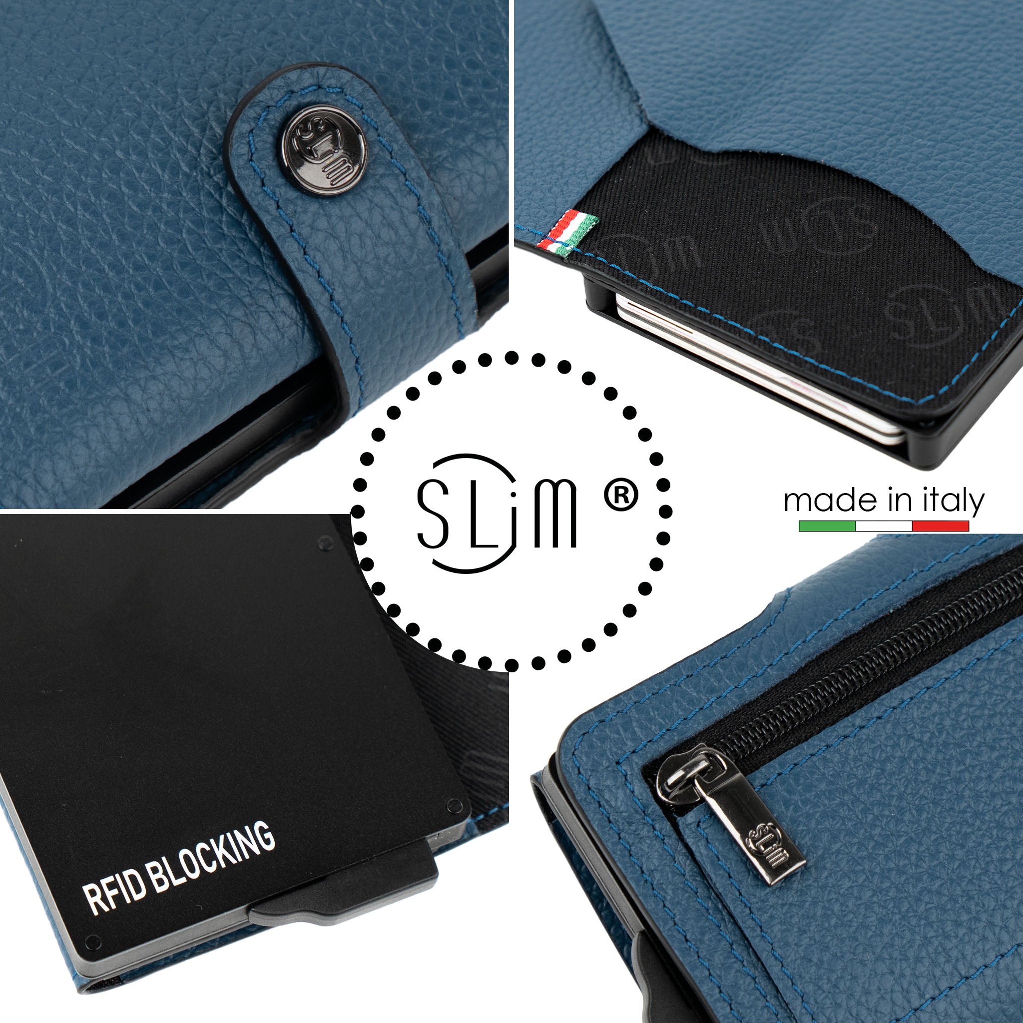SLim Bottalato Blu Navy portafoglio pelle con zip monete RFID