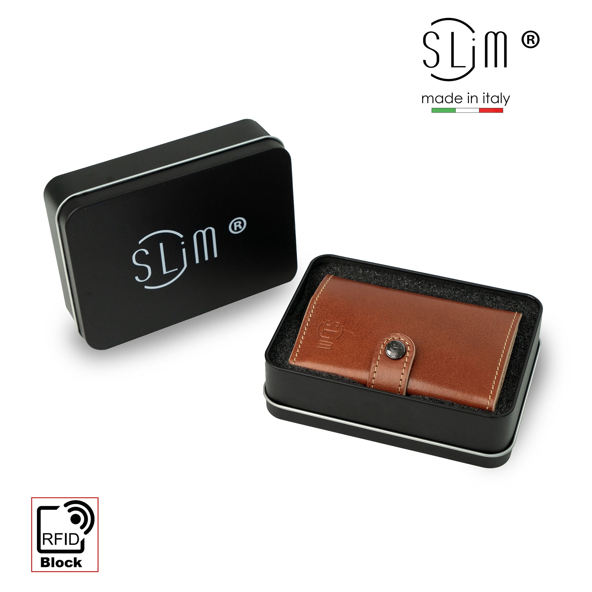 SLim Vera Pelle Porta Carte Cognac Zip Concia Vegetale