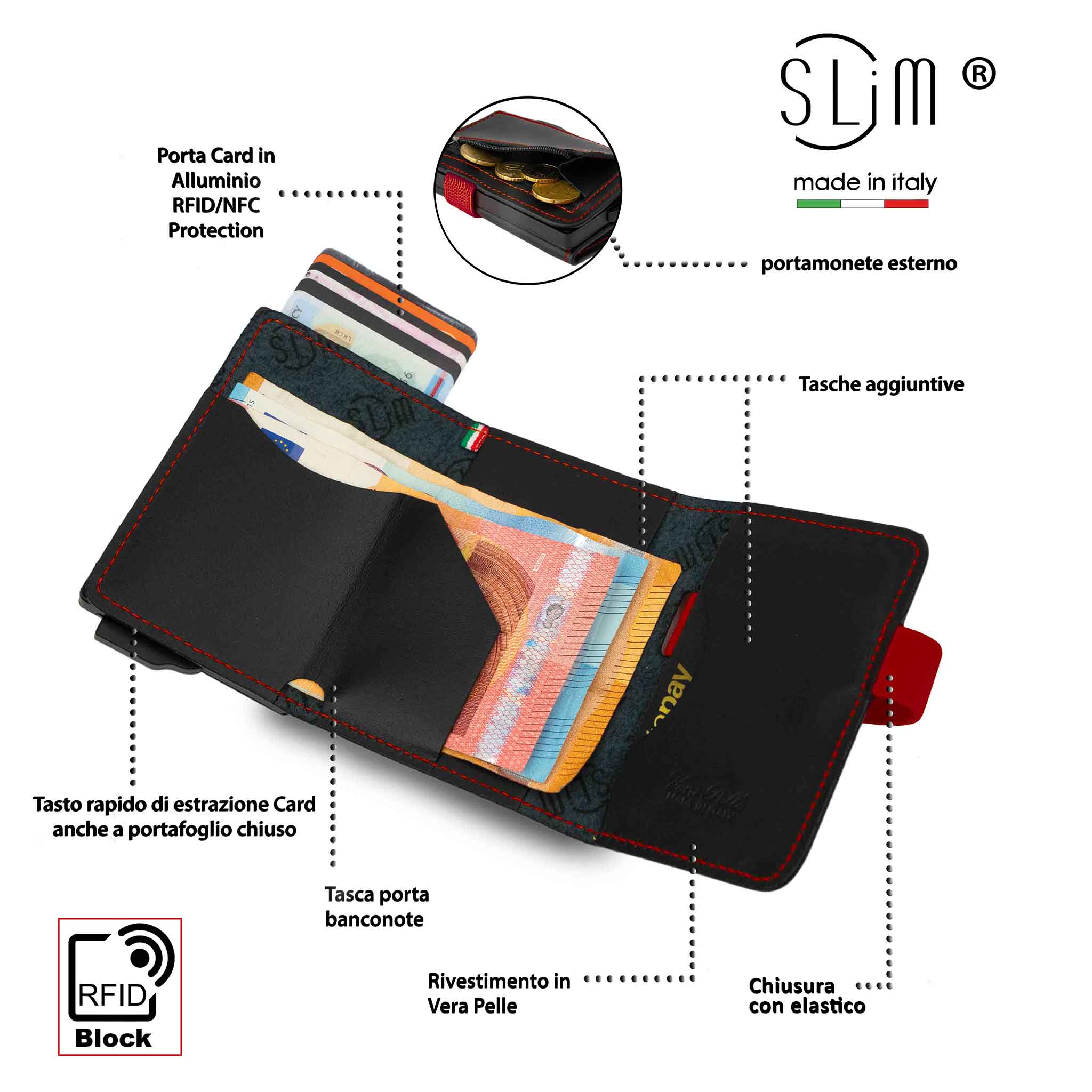 SLim Vera Pelle E portafoglio Nero Elastico Rosso zip RFID