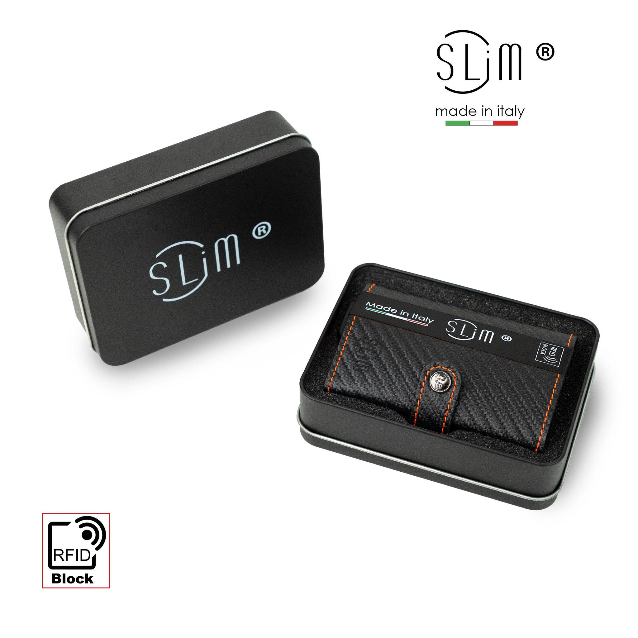SLim Vera Pelle Carbon portafoglio nero arancio AirTag