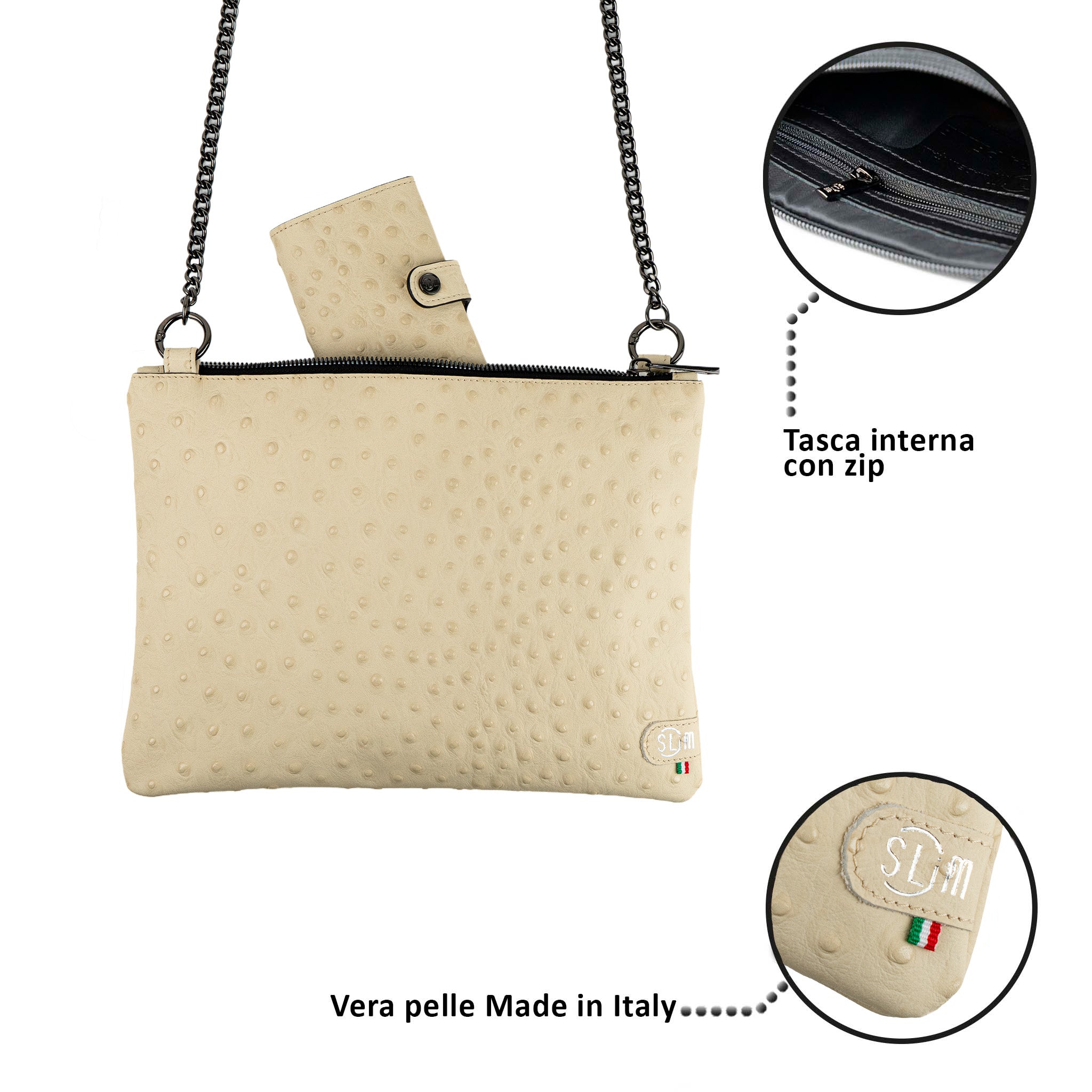 SLim Pochette Tracolla Vera Pelle Struzzo Beige