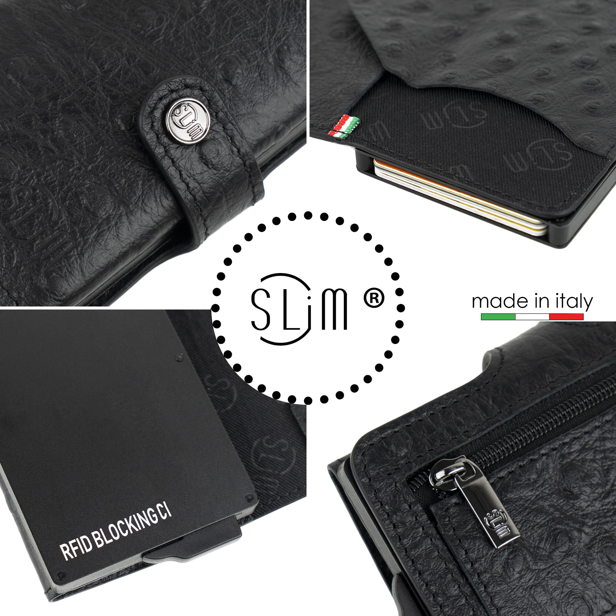 SLim Vera Pelle Portafoglio Nero Stampa Struzzo RFID
