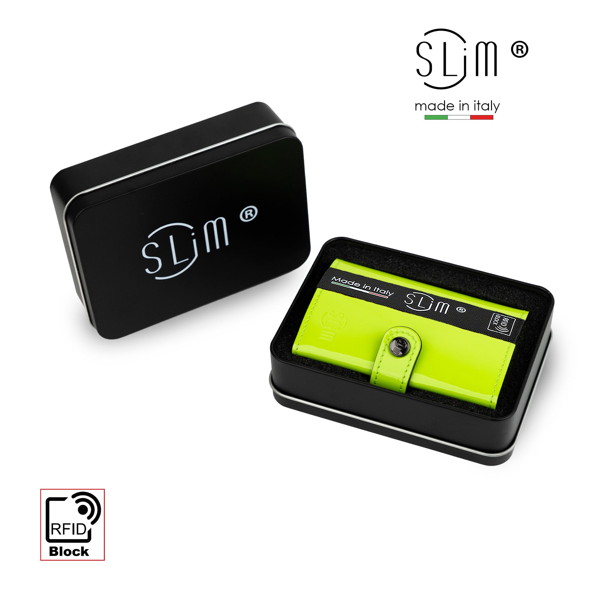 SLim Vera Pelle Porta Carte Verde Mela Zip Specchio