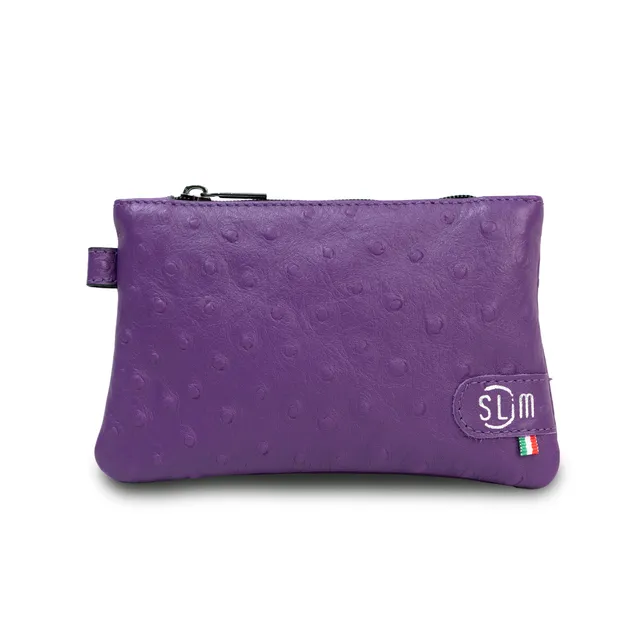 SLim Mini Pochette struzzo viola vera pelle portamonete