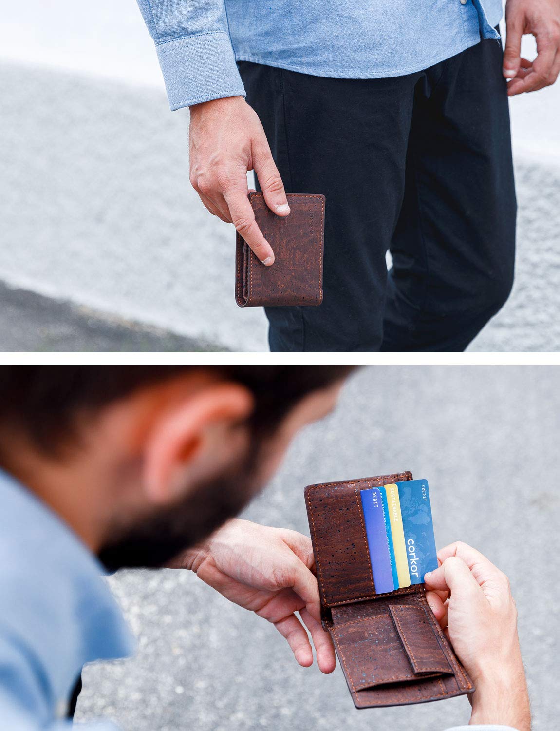 Corkor portafoglio uomo sughero RFID marrone con monete