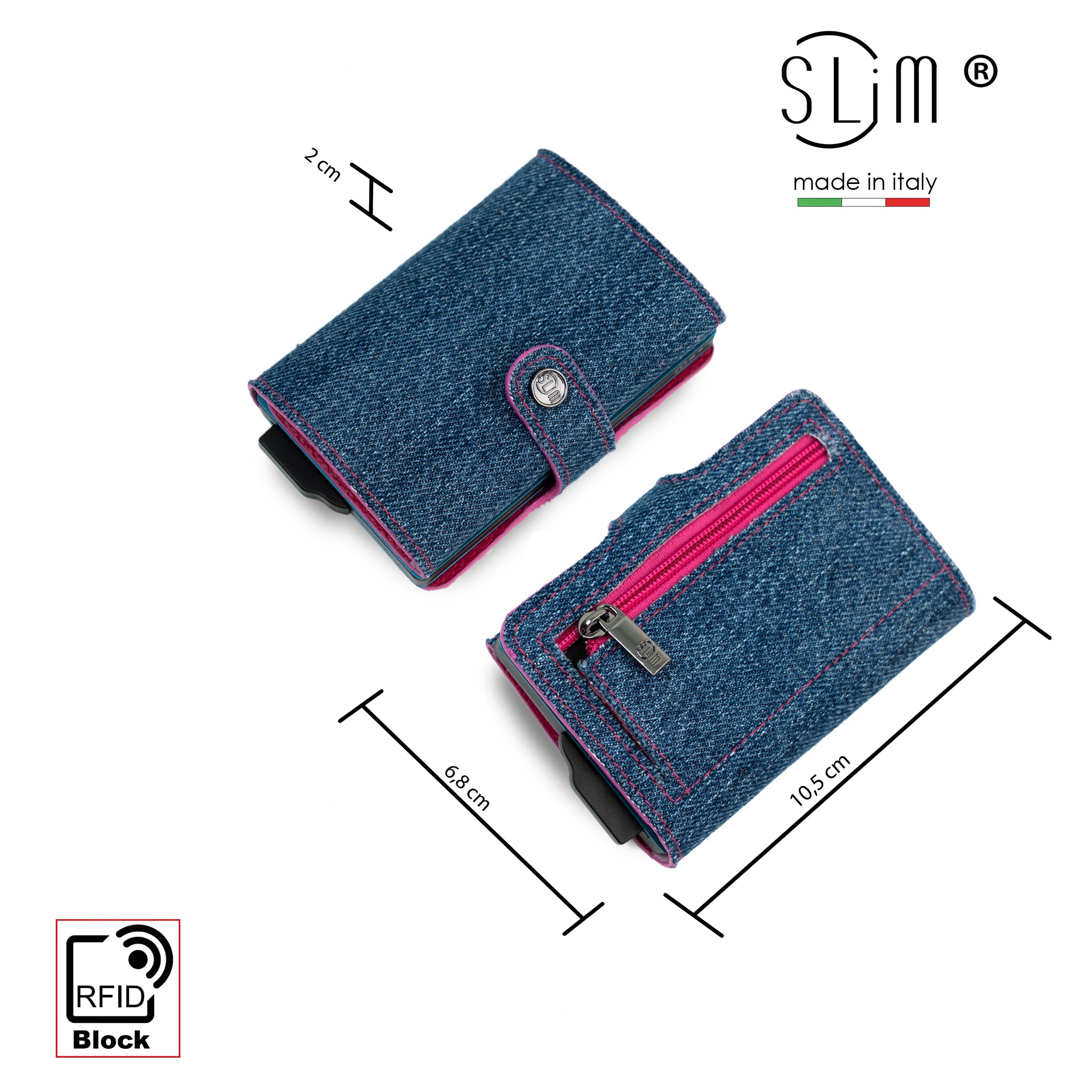 SLim Vera Pelle portafoglio jeans fucsia zip RFID 12 carte