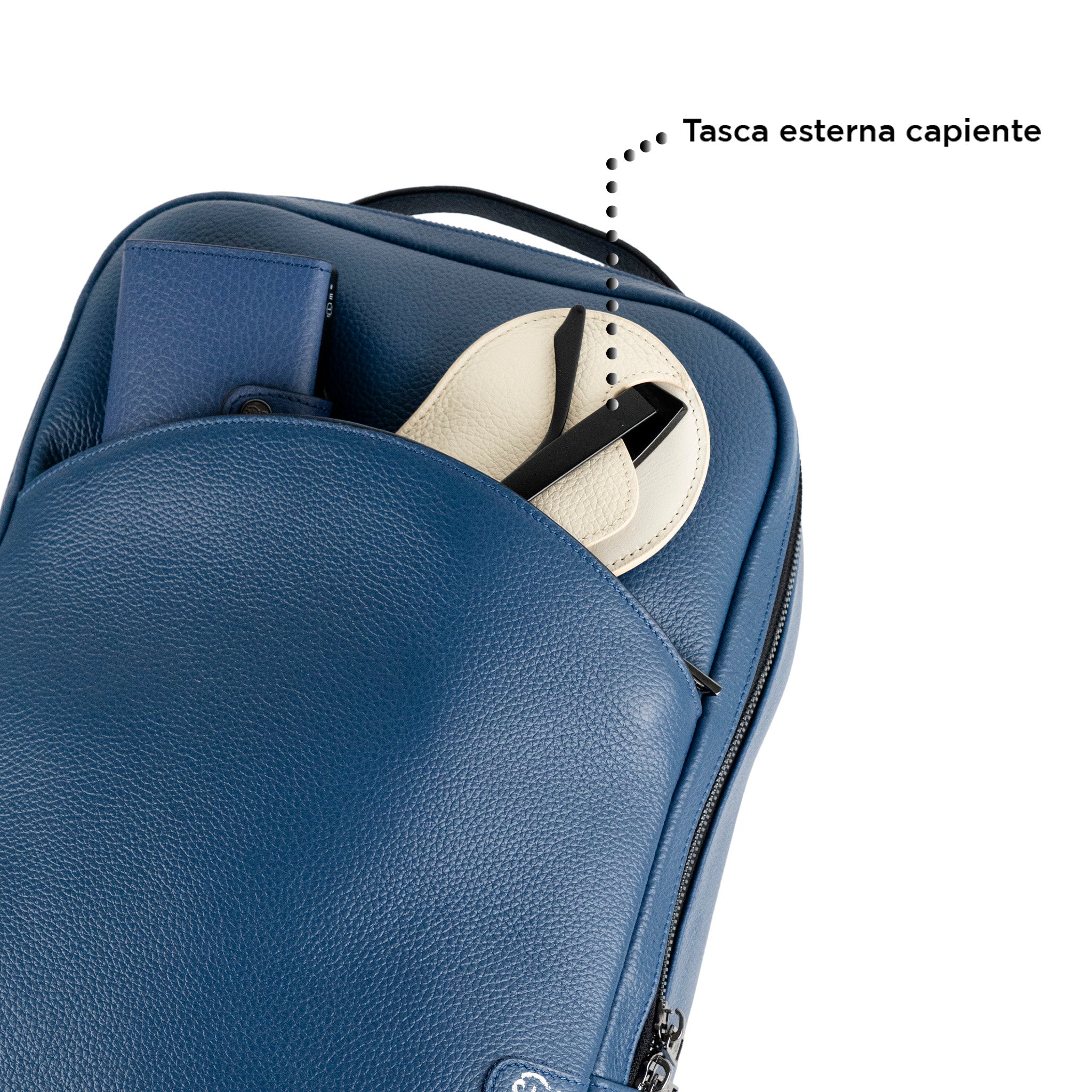 SLim Zaino Medio Vera Pelle Bottalato Blu laptop 14 pollici
