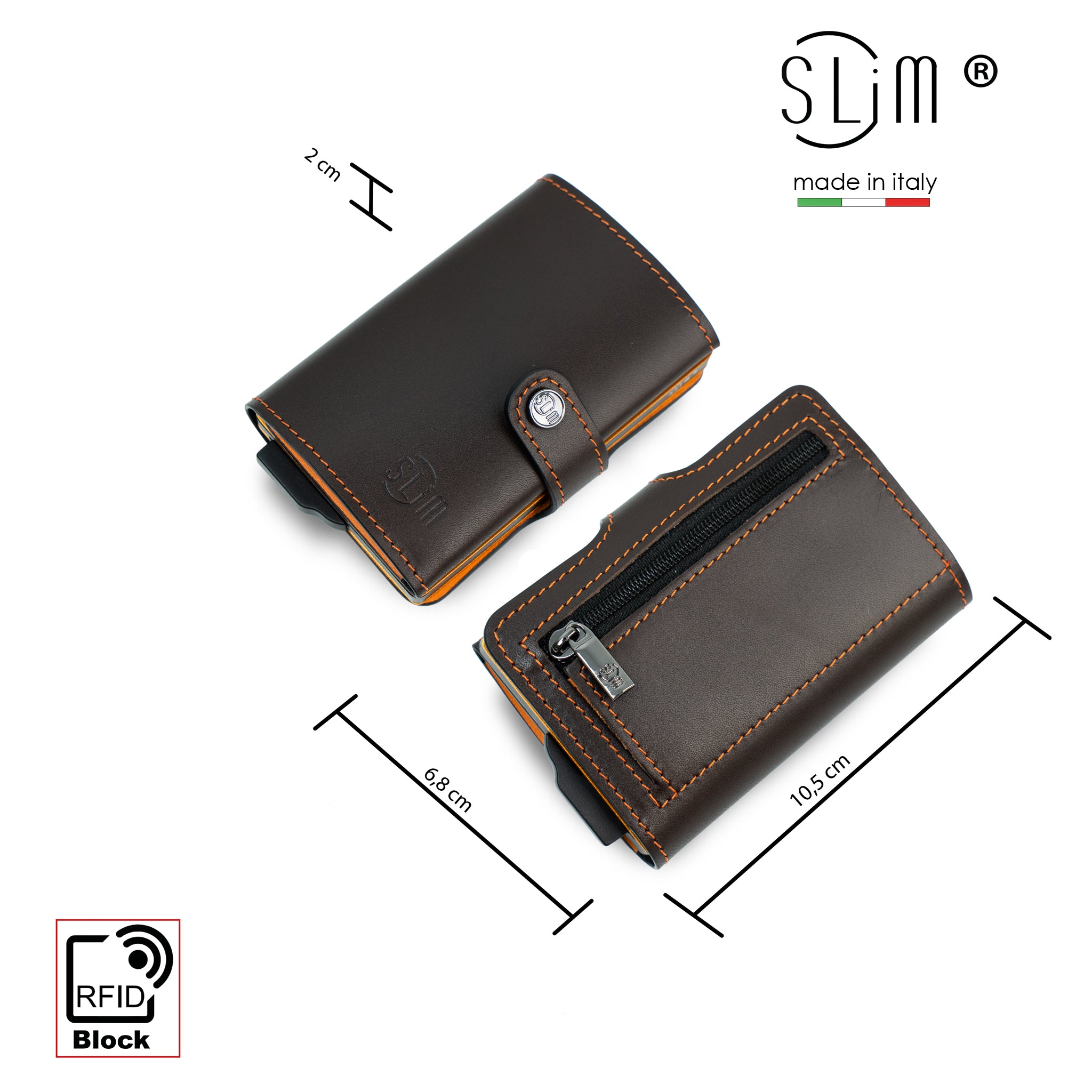 SLim Vera Pelle portafoglio testa moro arancio zip RFID