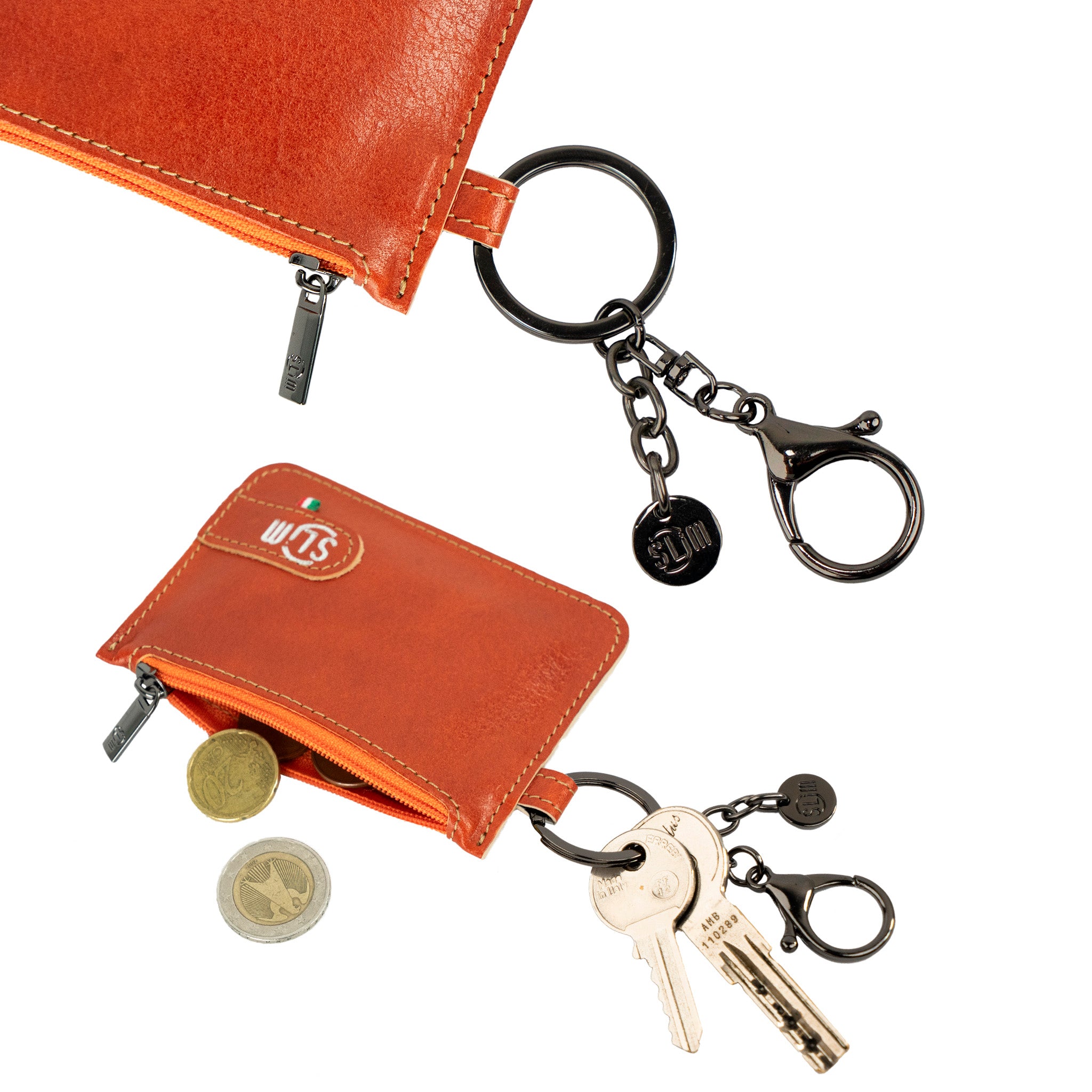 SLim Portachiavi Portamonete Pelle Arancio 10x7 cm