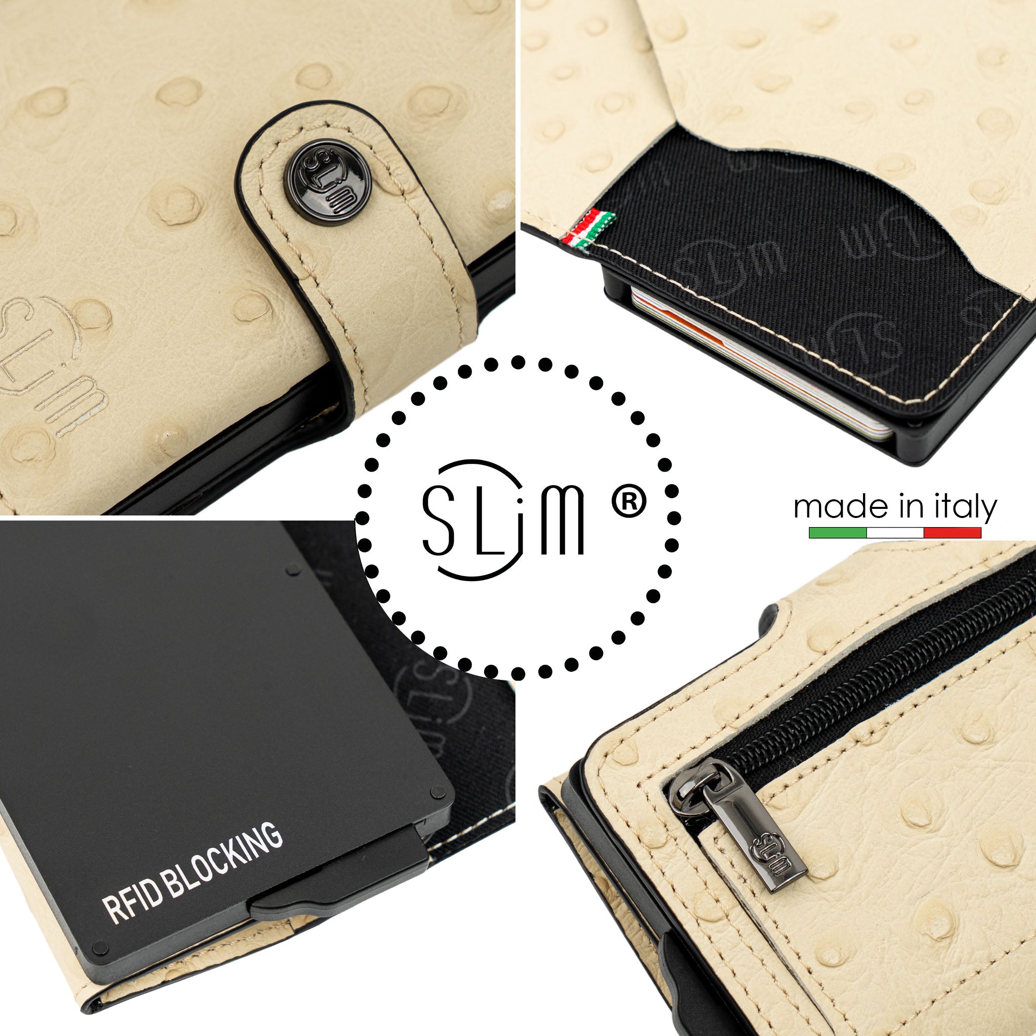 SLim Vera Pelle Portafoglio Struzzo Beige RFID