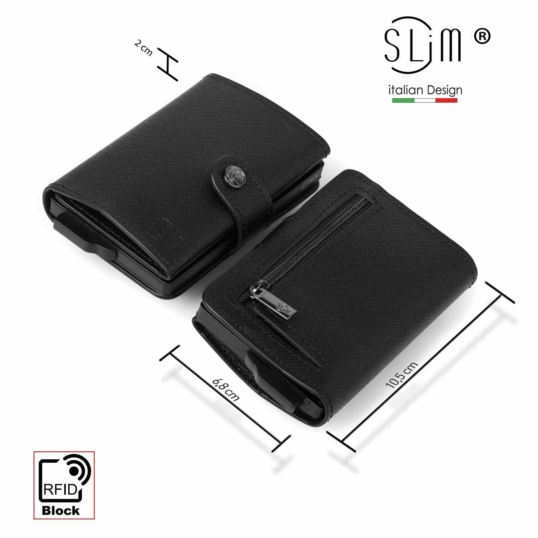 SLim Saffiano Nero portacarte zip pelle anti graffio
