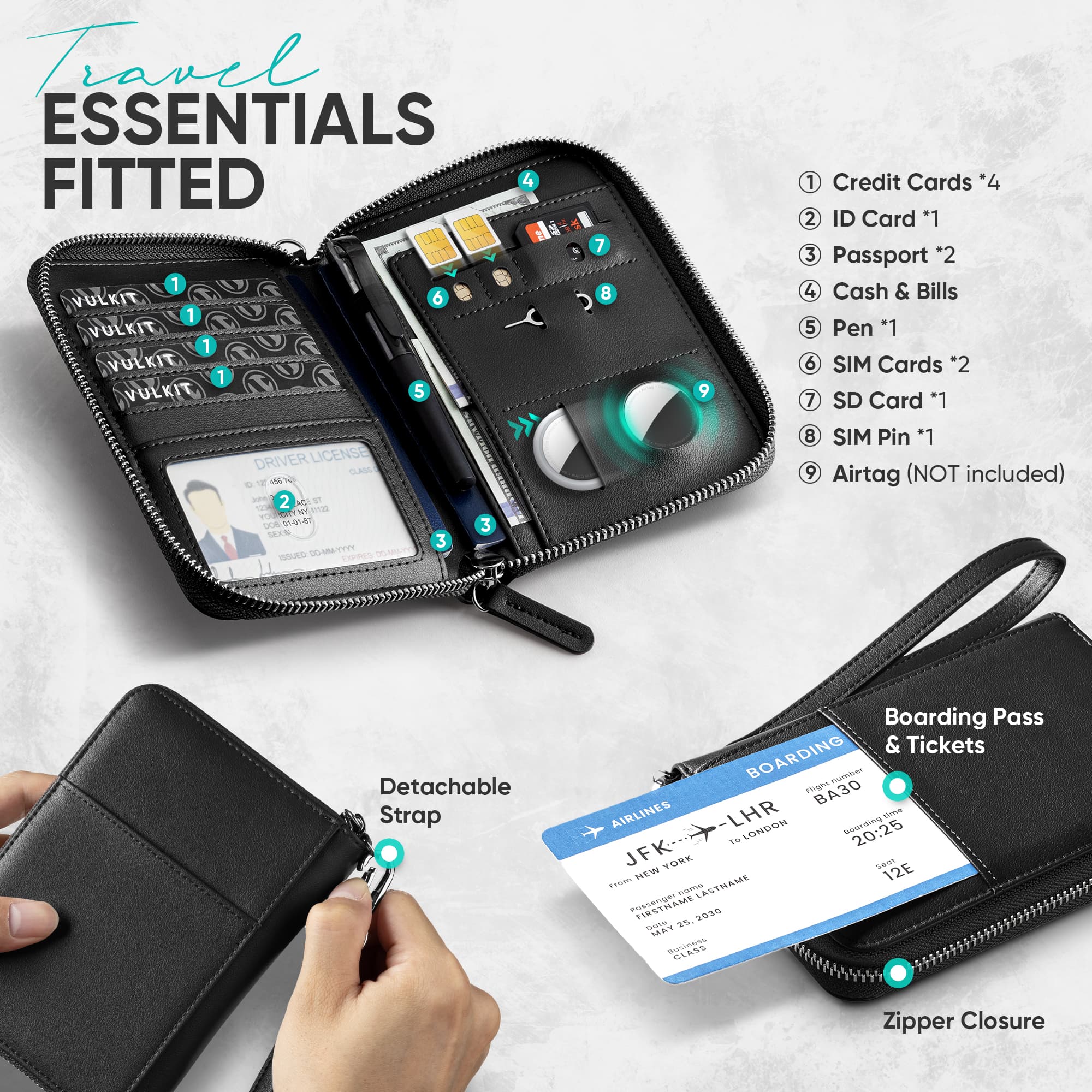 VULKIT Passport VPW111 porta passaporto pelle nero RFID zip