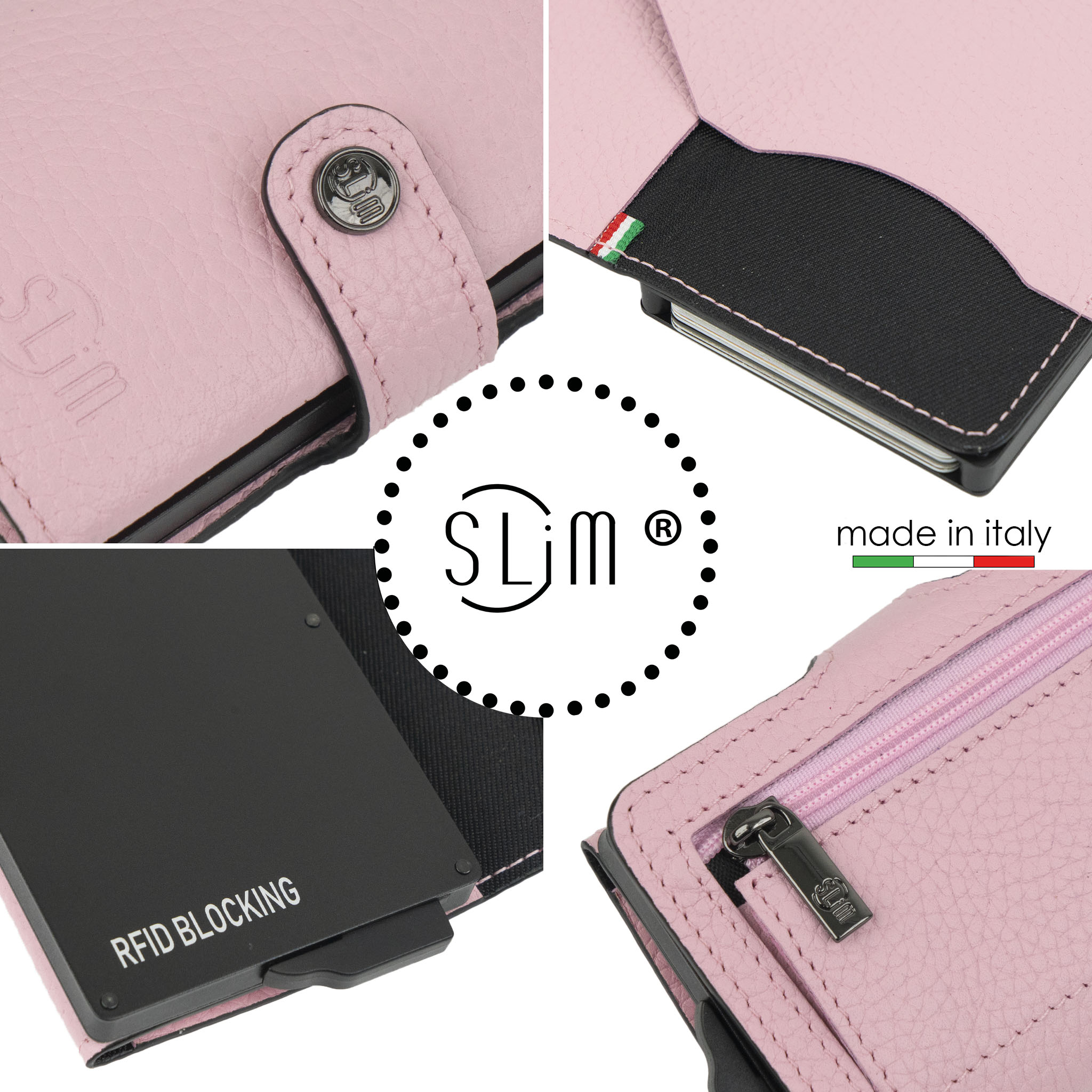 SLim Bottalato Portafoglio Compatto Pelle Rosa con Zip