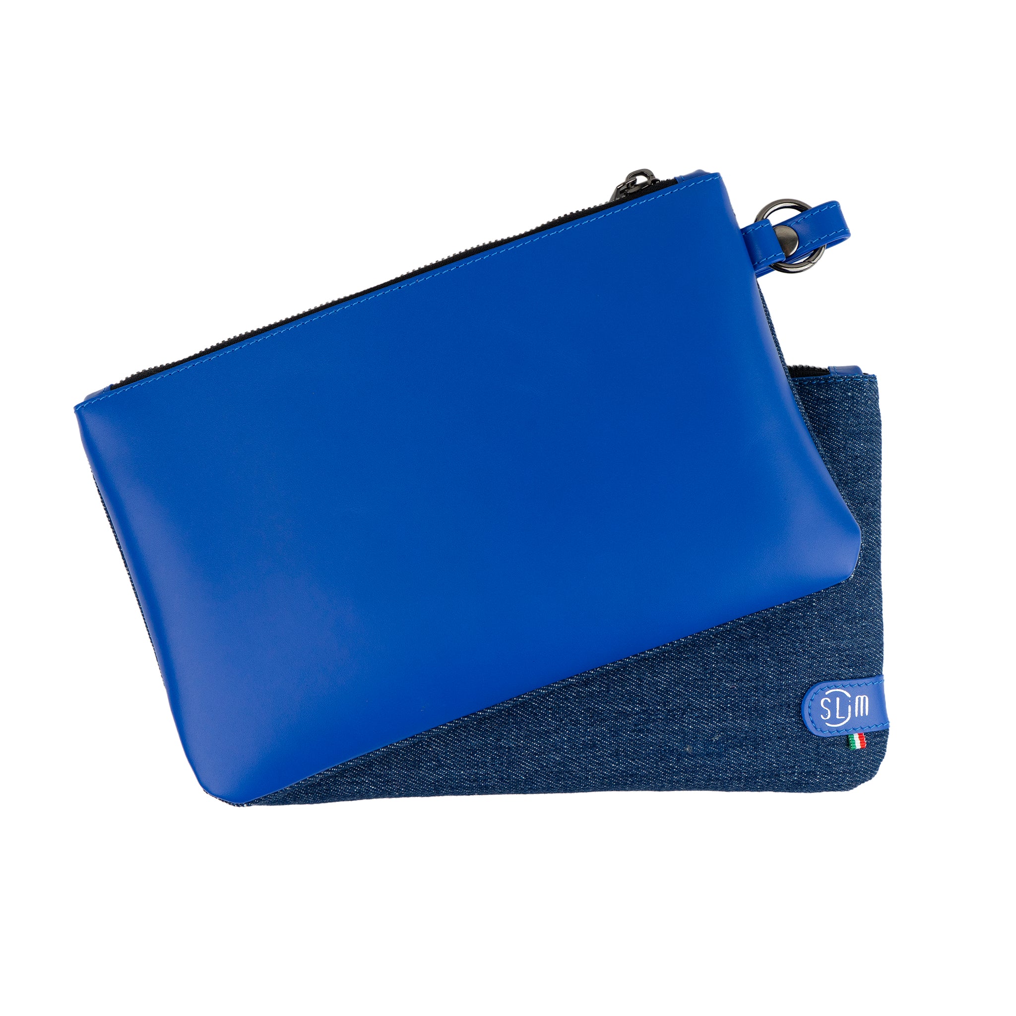 SLim Pochette Polsiera Vera Pelle Jeans Blu Elettrico 23x14 cm