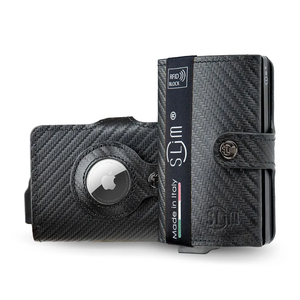 SLim Vera Pelle Carbon portafoglio compatto AirTag RFID