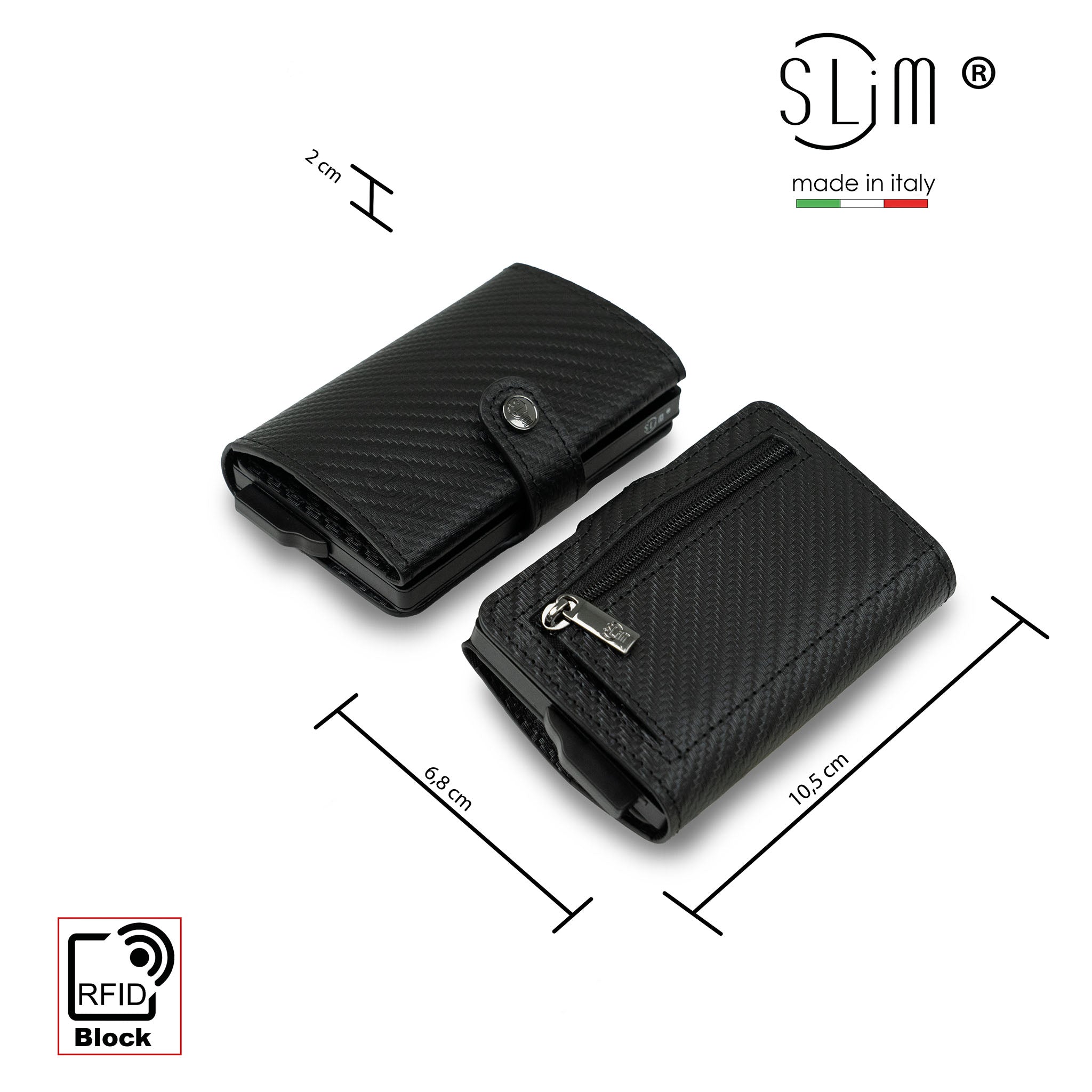 SLim Vera Pelle Carbon Portafoglio Nero Zip RFID