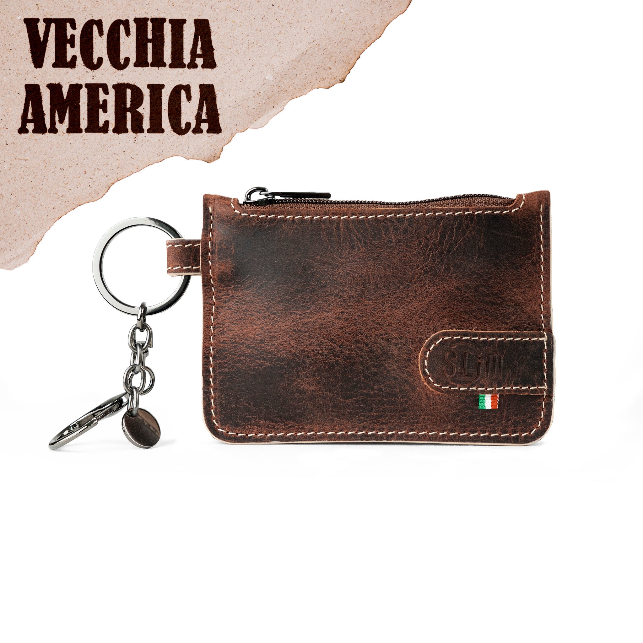 SLim Portachiavi Portamonete Vera Pelle Crazy Marrone