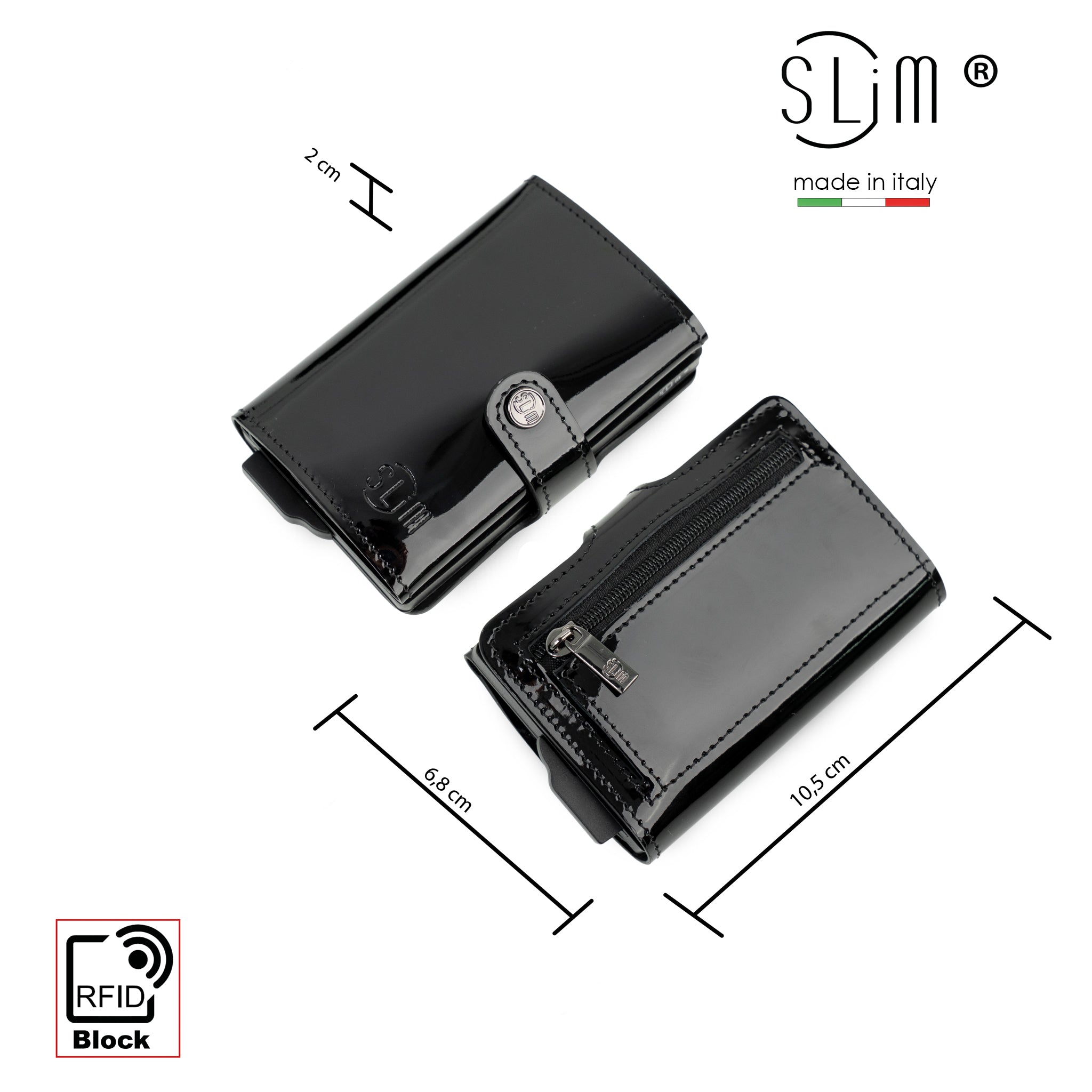 SLim Vera Pelle portacarte Specchio Nero con zip RFID