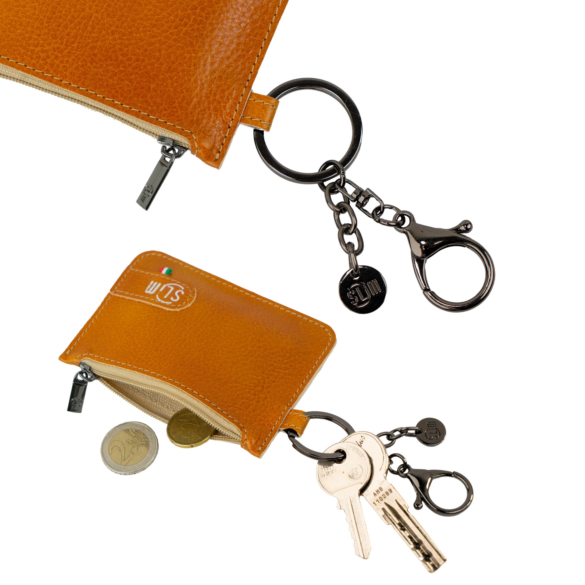 SLim Portachiavi Portamonete Pelle Vegetale Camel 10x7