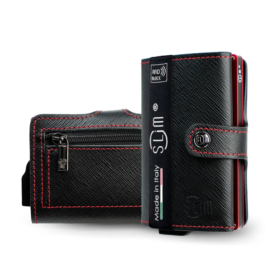 SLim Saffiano portacarte nero cuciture cassa rossa