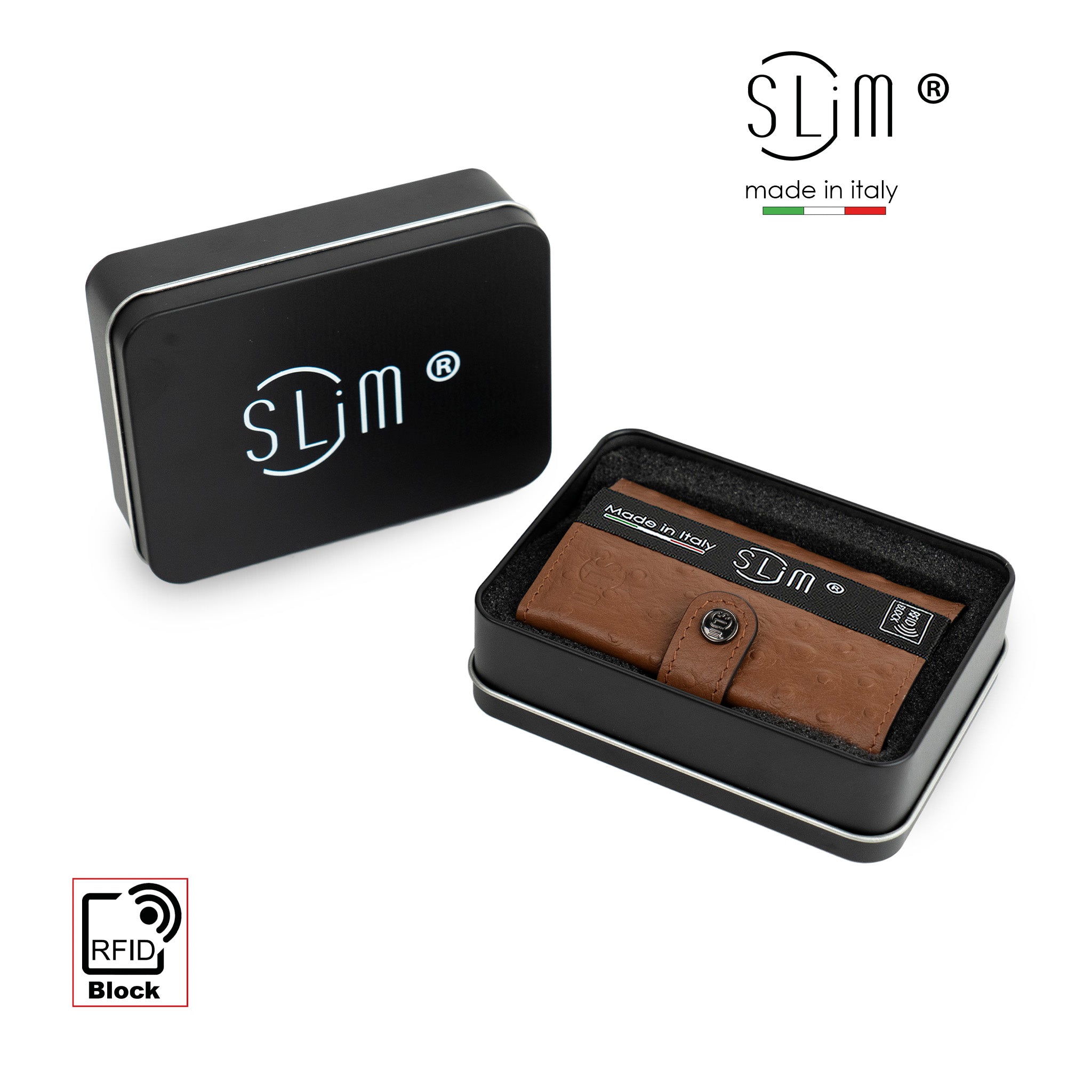 SLim Vera Pelle stampa Struzzo portafoglio Marrone RFID 12 carte