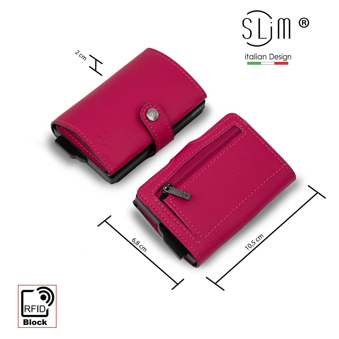 SLim Bottalato Portafoglio Pelle Fucsia Zip Monete RFID