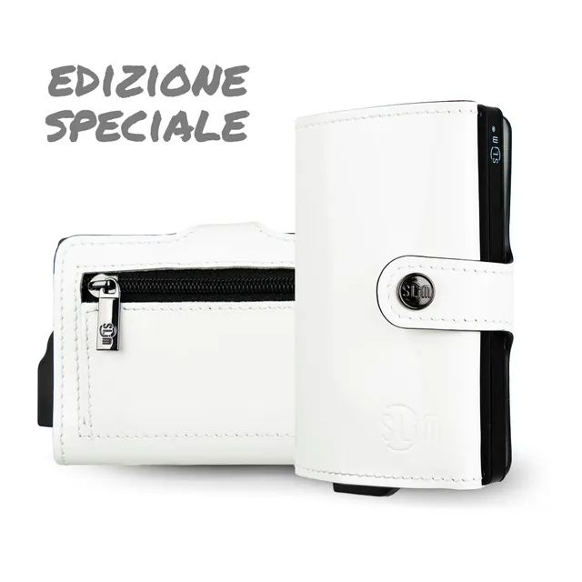 SLim Vera Pelle Porta Carte Bianco Specchio Zip RFID