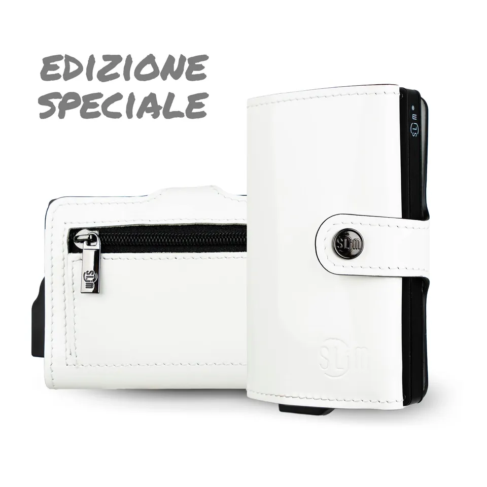 SLim Vera Pelle Porta Carte Bianco Specchio Zip RFID