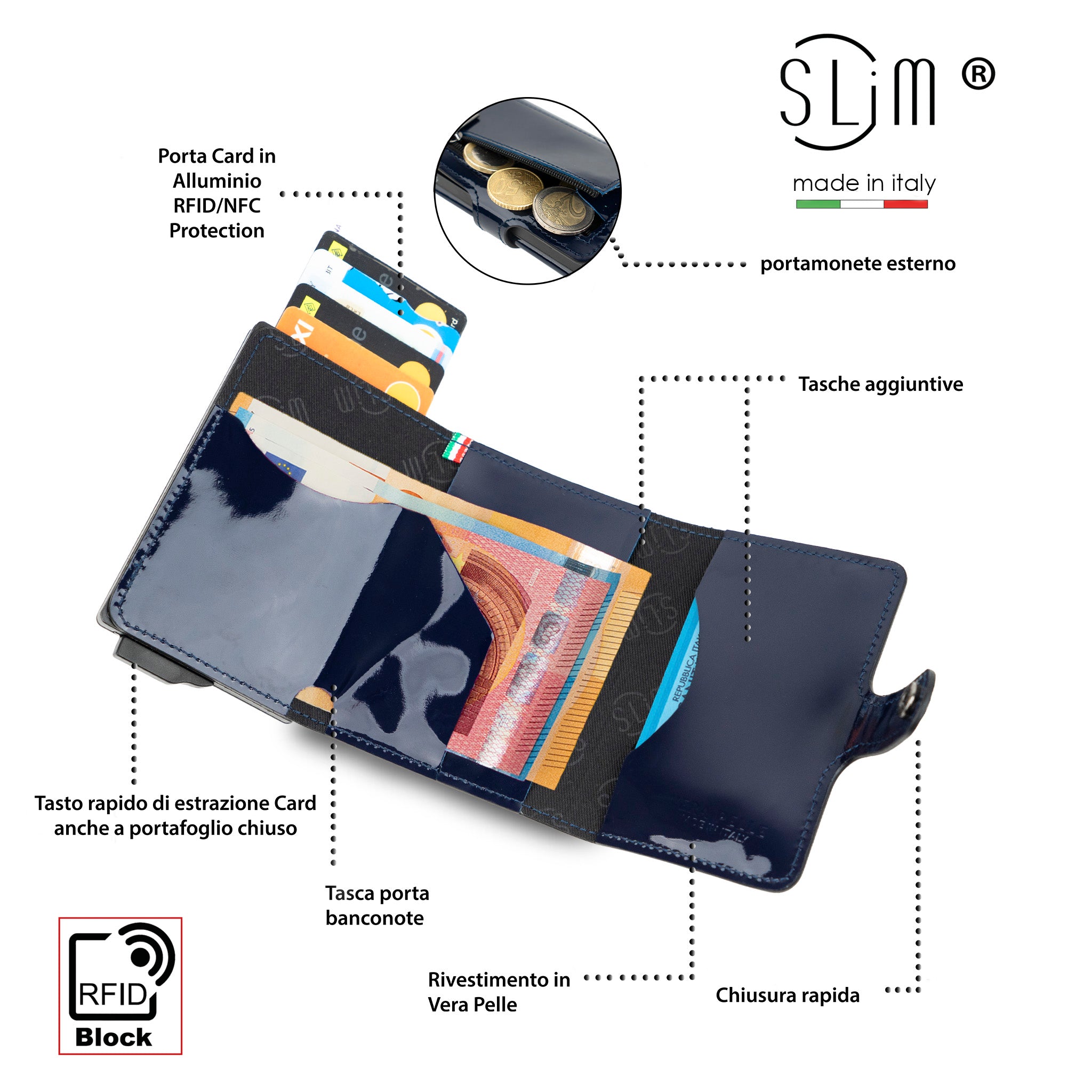 SLim Vera Pelle portafoglio Specchio Blu con Zip 12 carte