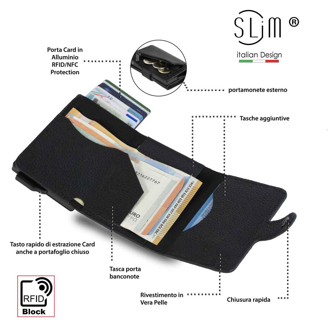 SLim Bottalato Portafoglio Nero Zip Pelle RFID