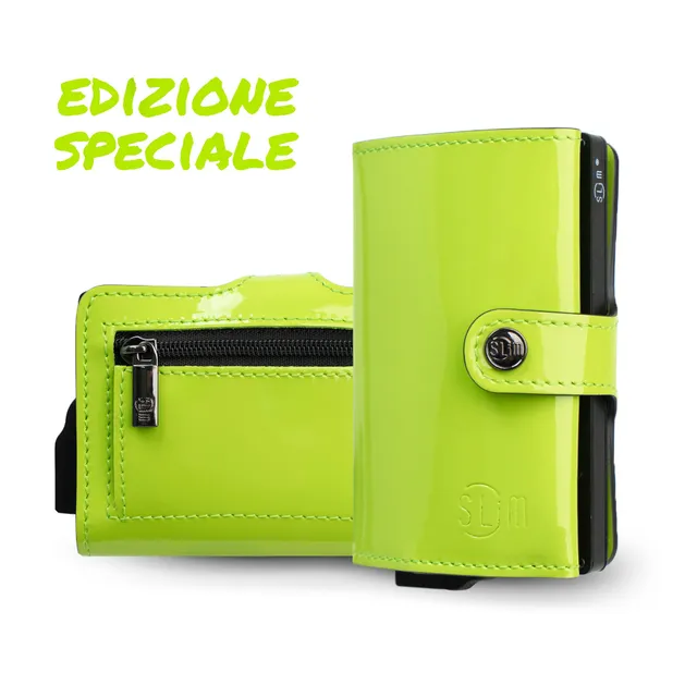 SLim Vera Pelle Porta Carte Verde Mela Zip Specchio