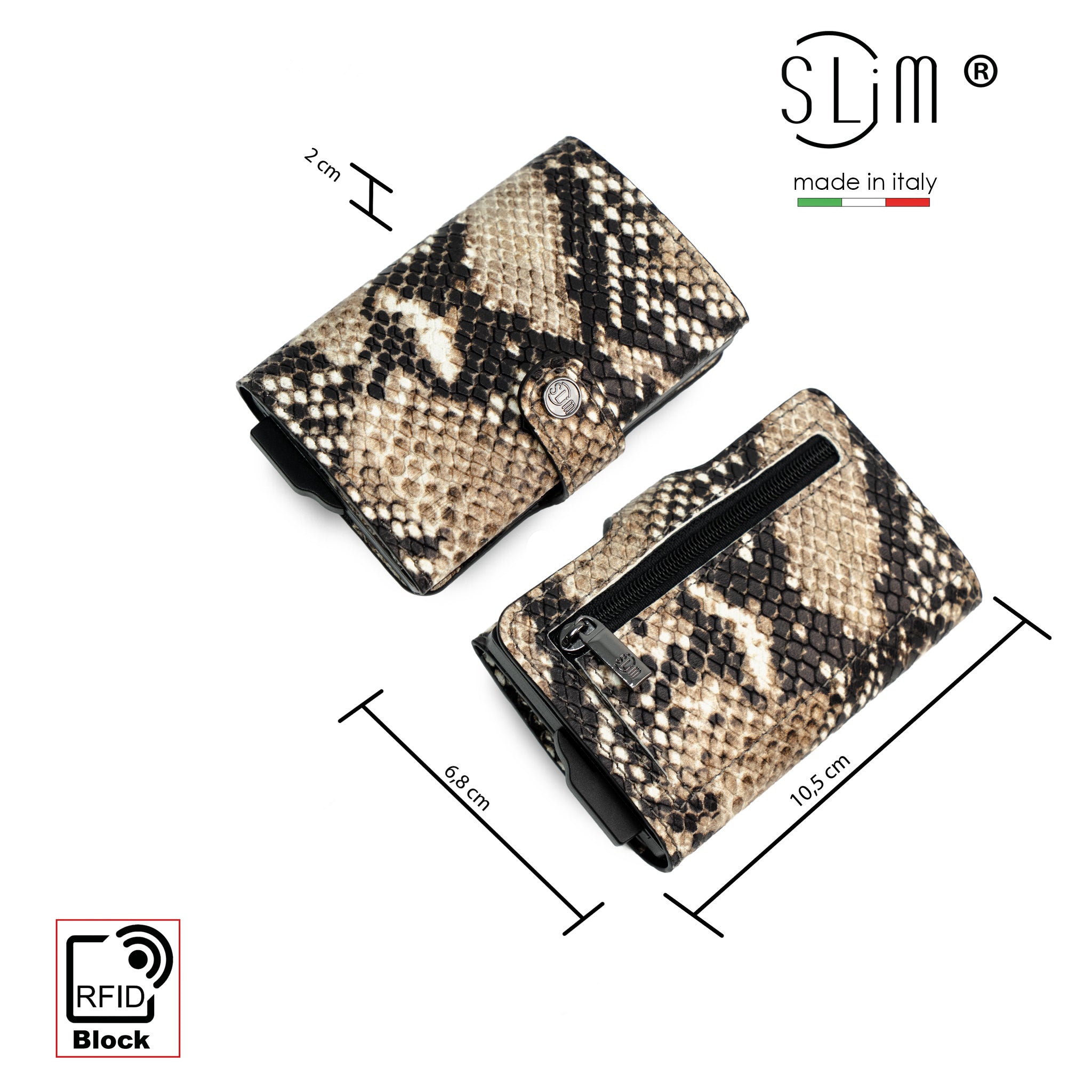 SLim Vera Pelle portafoglio compatto Rettile Beige RFID