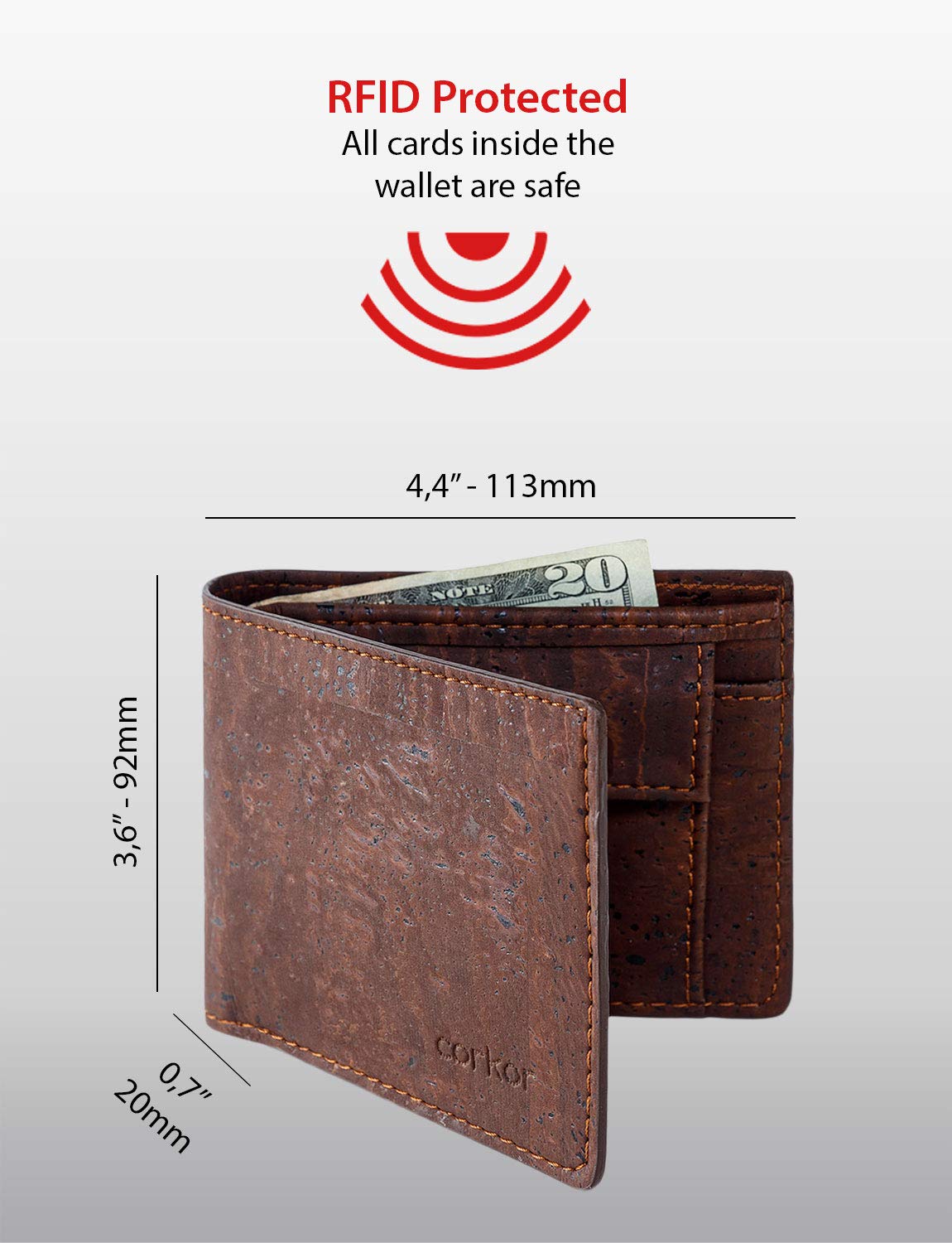 Corkor portafoglio uomo sughero RFID marrone con monete