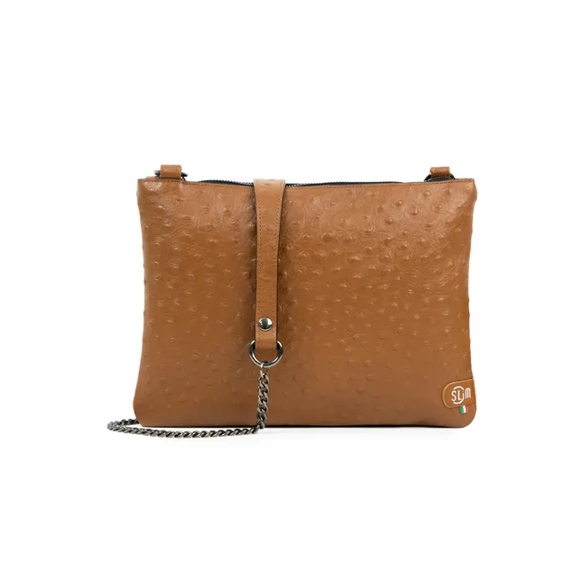 SLim Pochette Tracolla Pelle Struzzo Marrone 24 cm