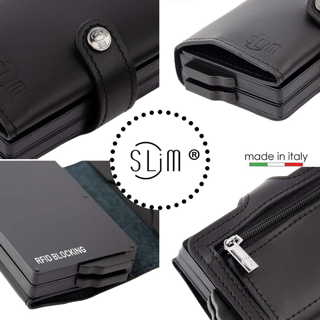 SLim Vera Pelle Nero portafoglio doppia cassa con zip