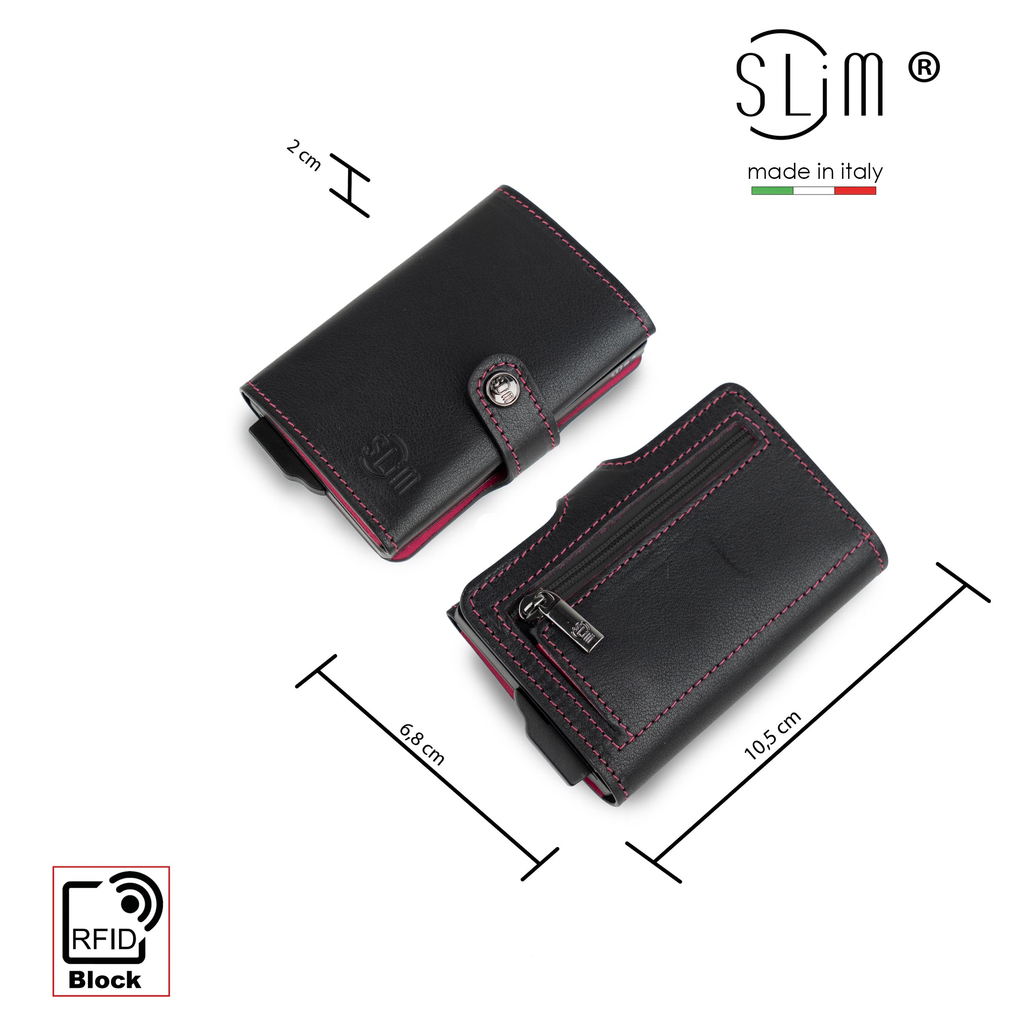 SLim Vera Pelle Portafoglio Nero Fucsia 12 Carte RFID