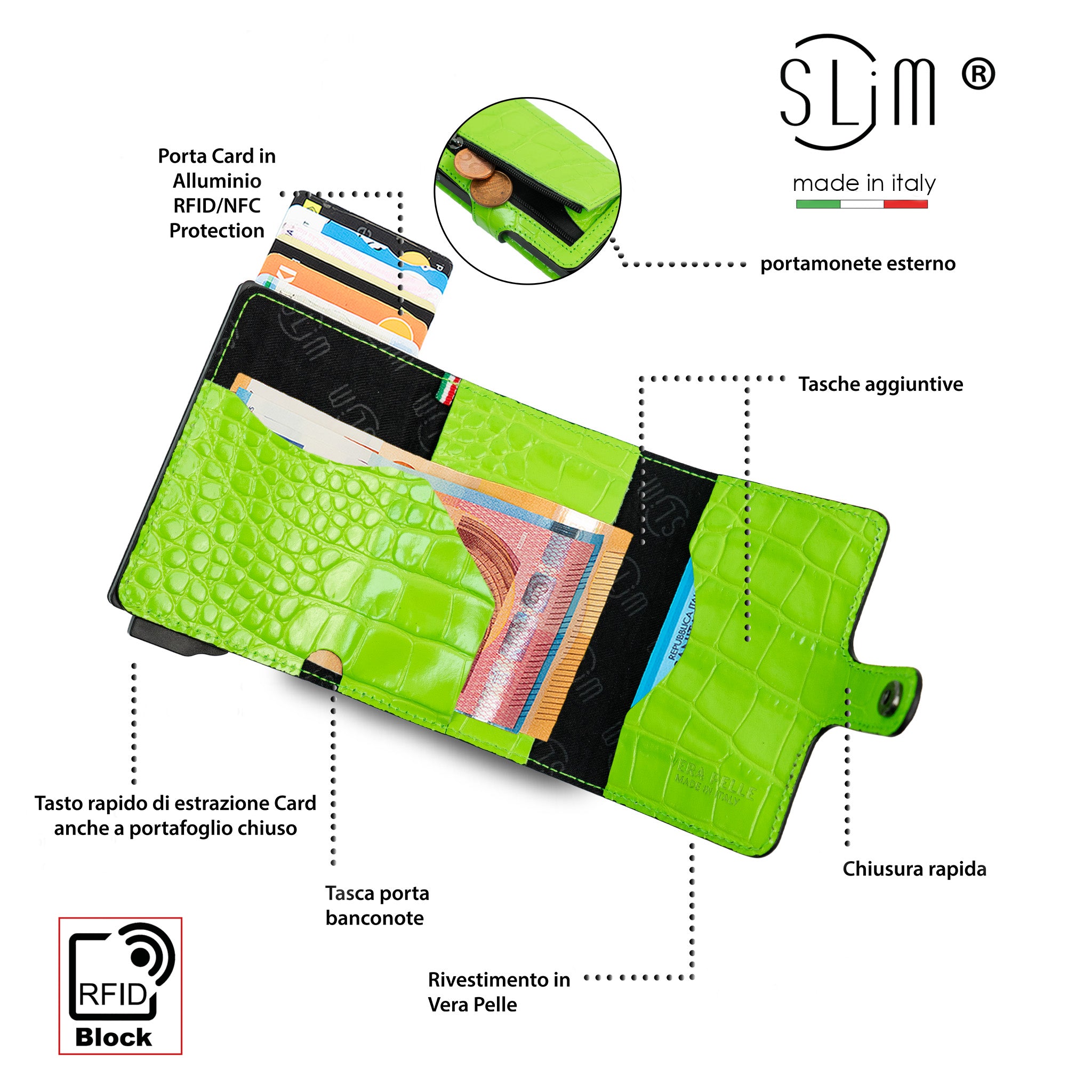 SLim Stampa Cocco Verde portacarte vera pelle RFID