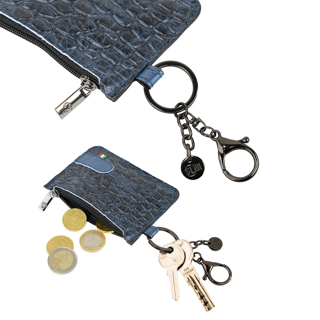 SLim Portachiavi Portamonete Vera Pelle Cocco Blu