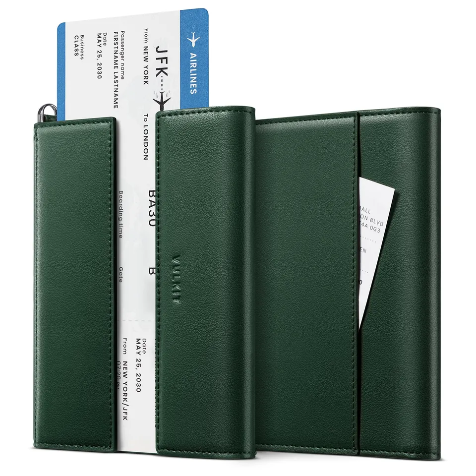 VULKIT VPW115 organizer viaggio pelle verde passaporto RFID