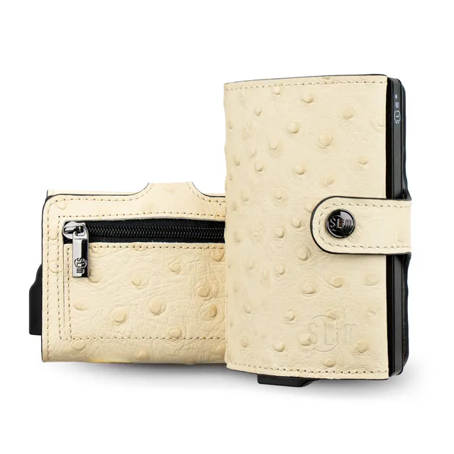 SLim Vera Pelle Portafoglio Struzzo Beige RFID