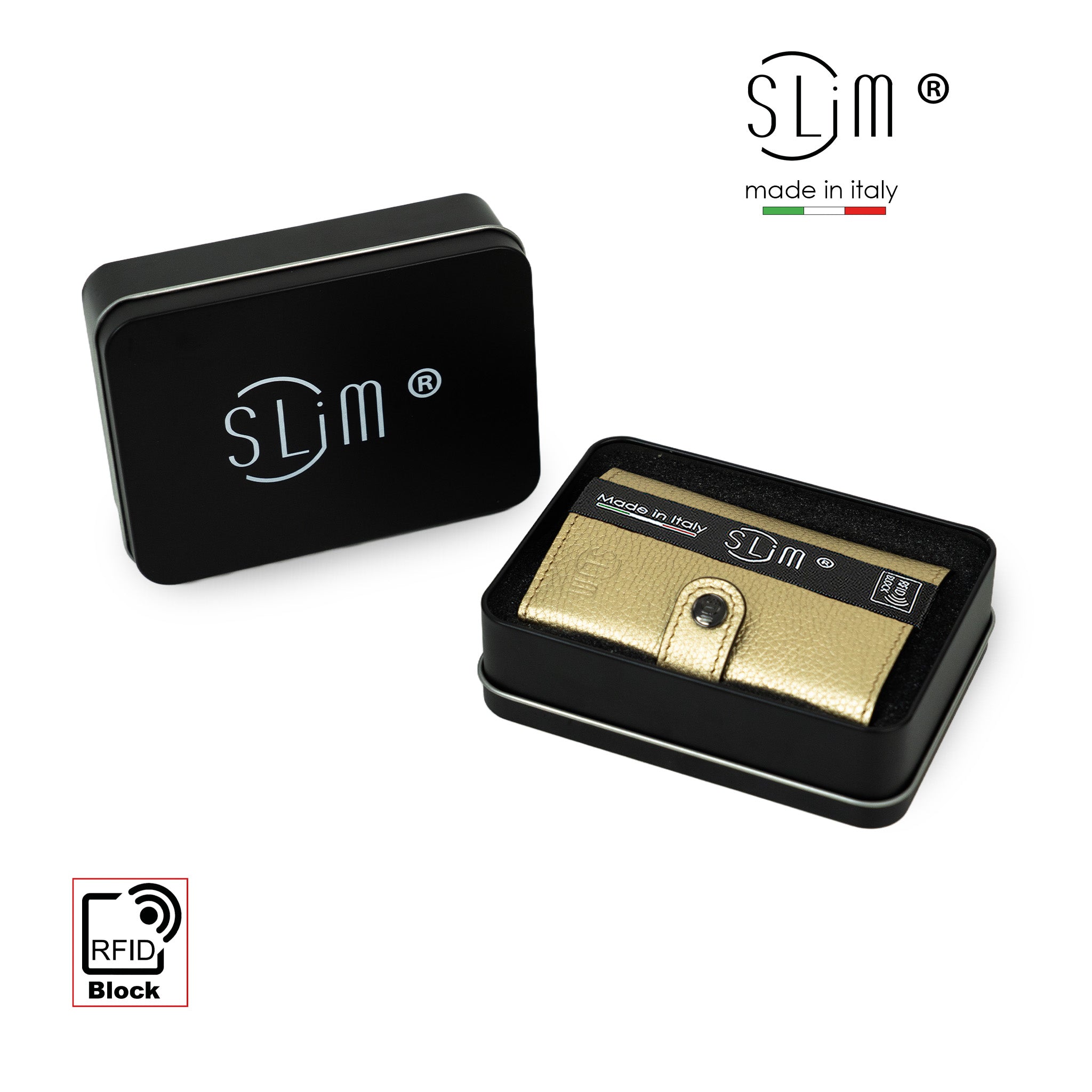 SLim Bottalato portafoglio compatto oro vera pelle RFID