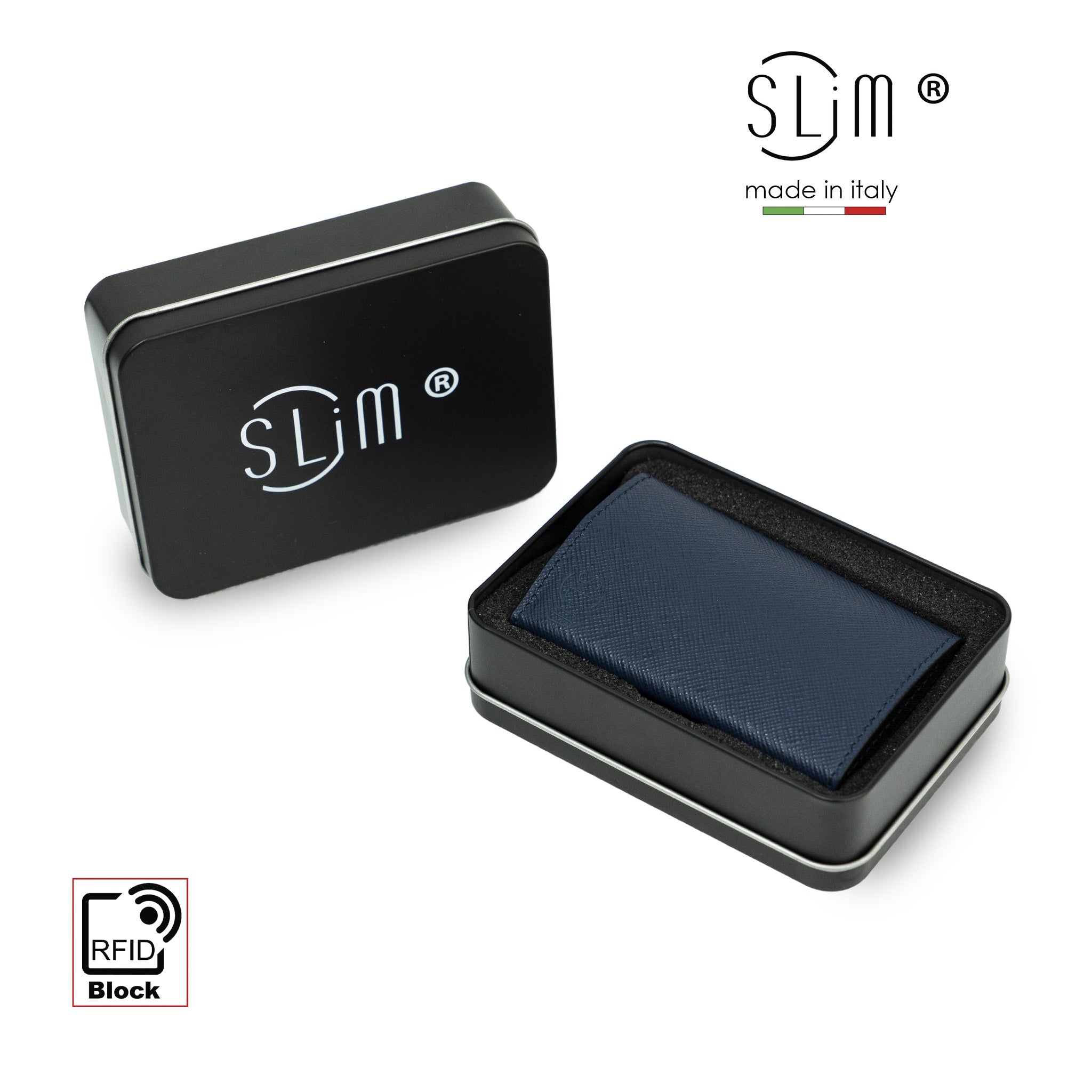 SLim Touch Saffiano Blu portafoglio compatto RFID 10,5x7