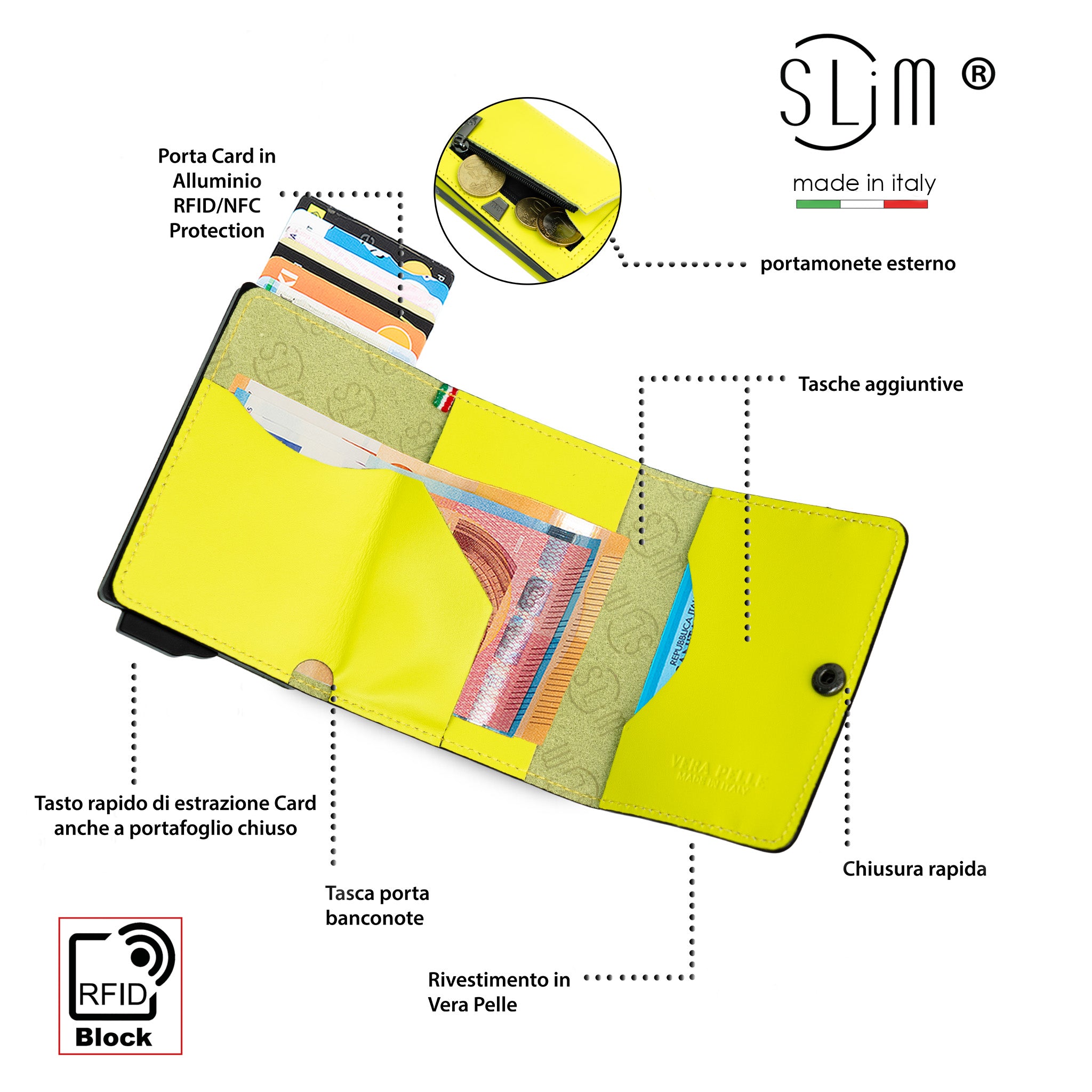 SLim Touch mini portafoglio pelle giallo lime