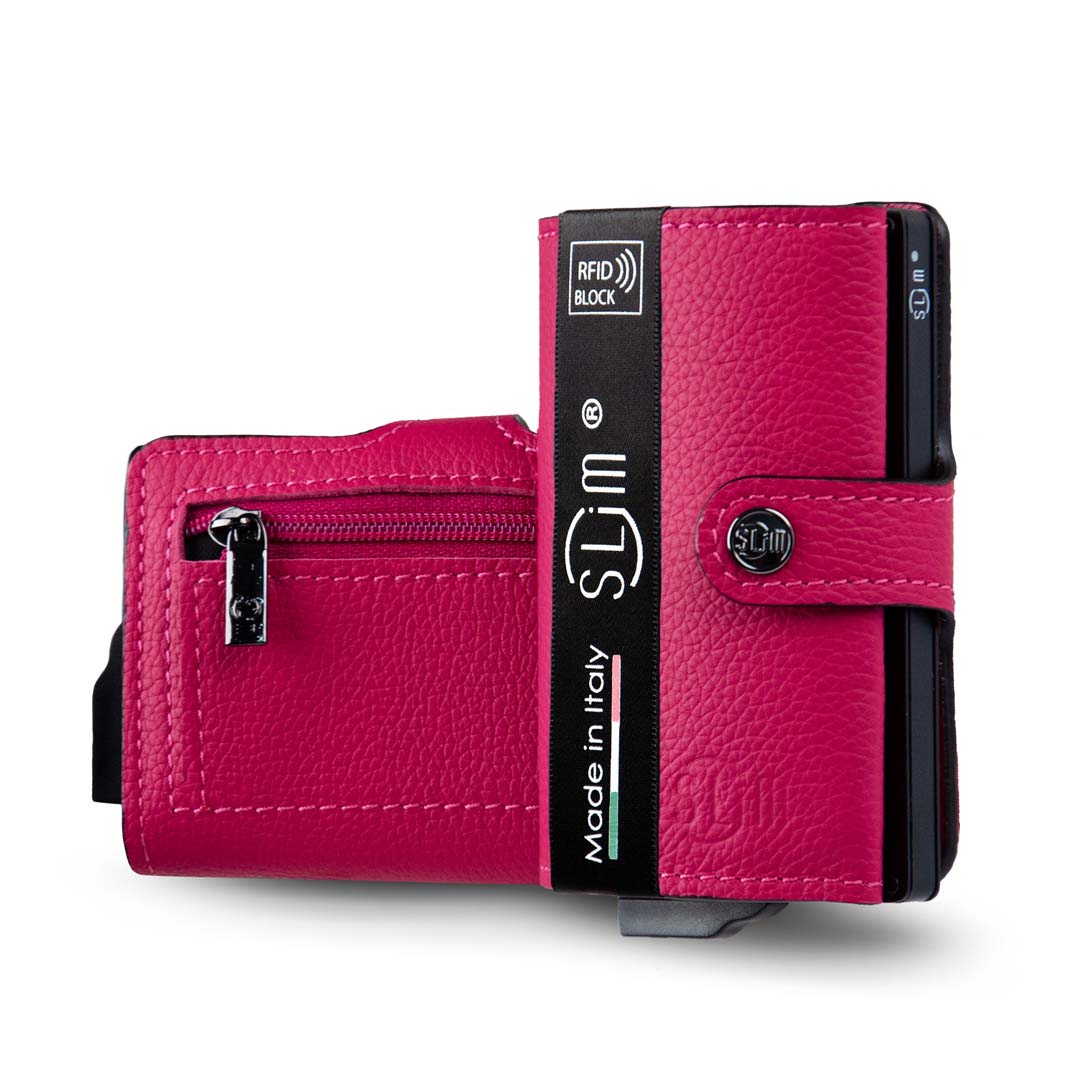SLim Bottalato Portafoglio Pelle Fucsia Zip Monete RFID
