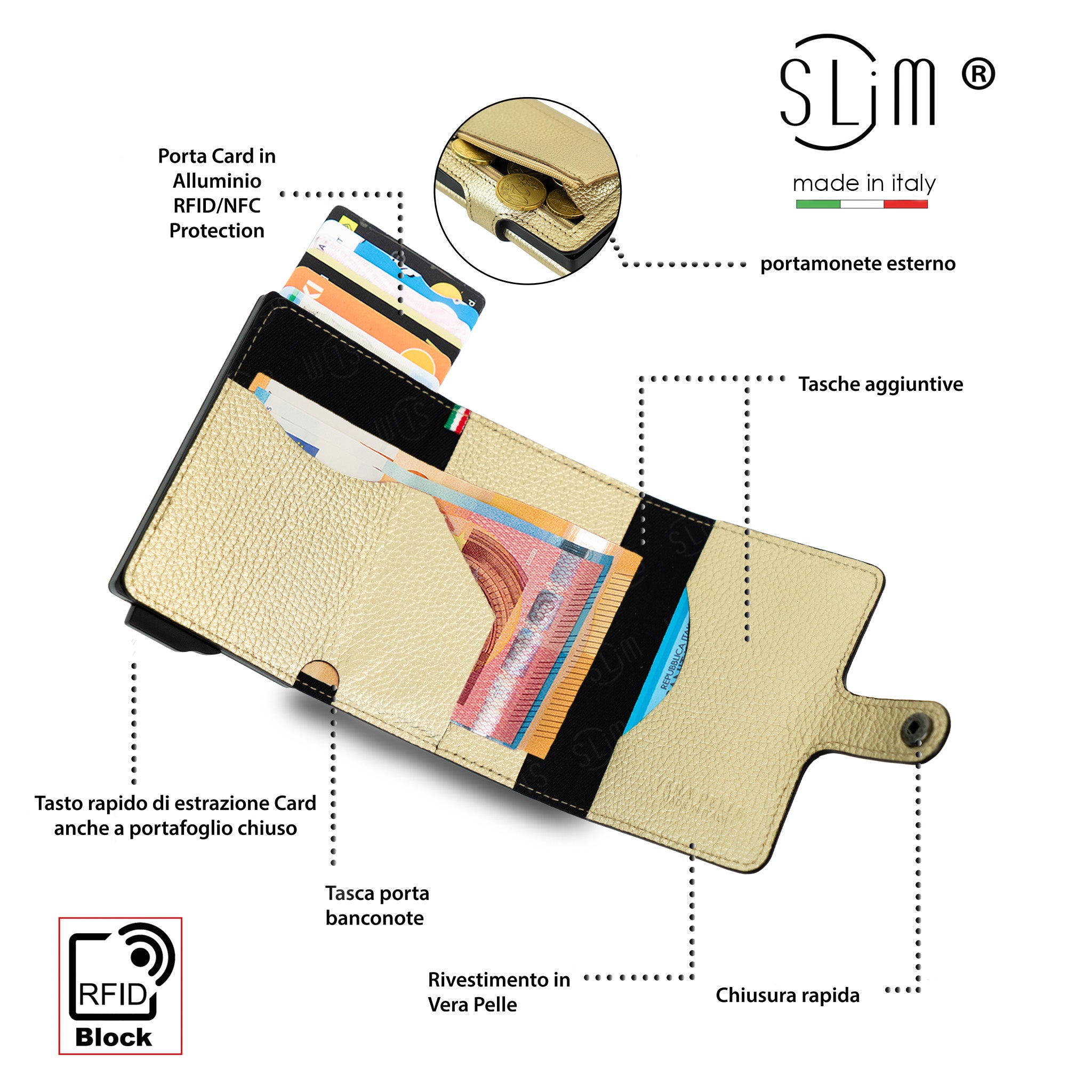 SLim Bottalato portafoglio compatto oro vera pelle RFID