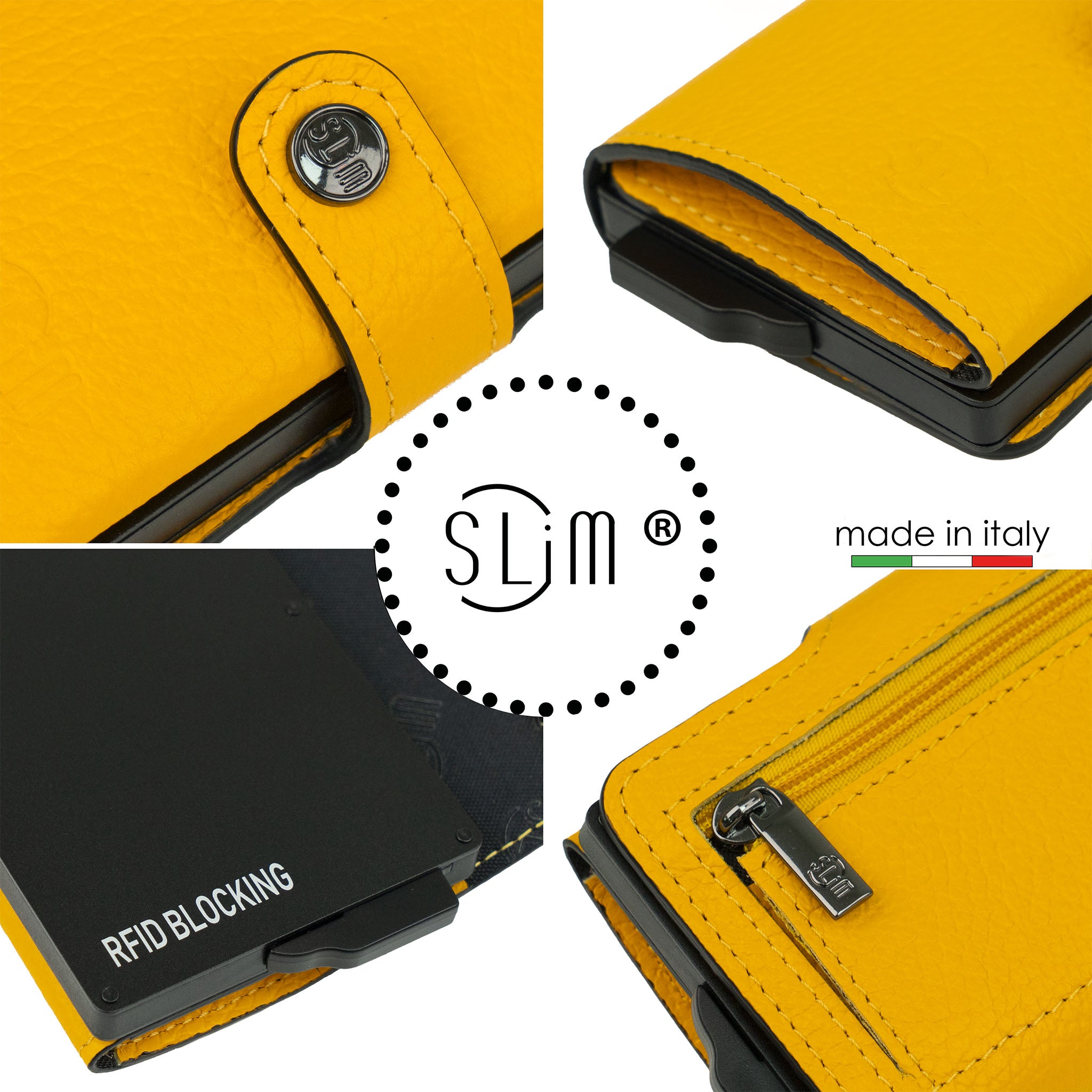 SLim Bottalato portacarte pelle giallo con zip monete RFID