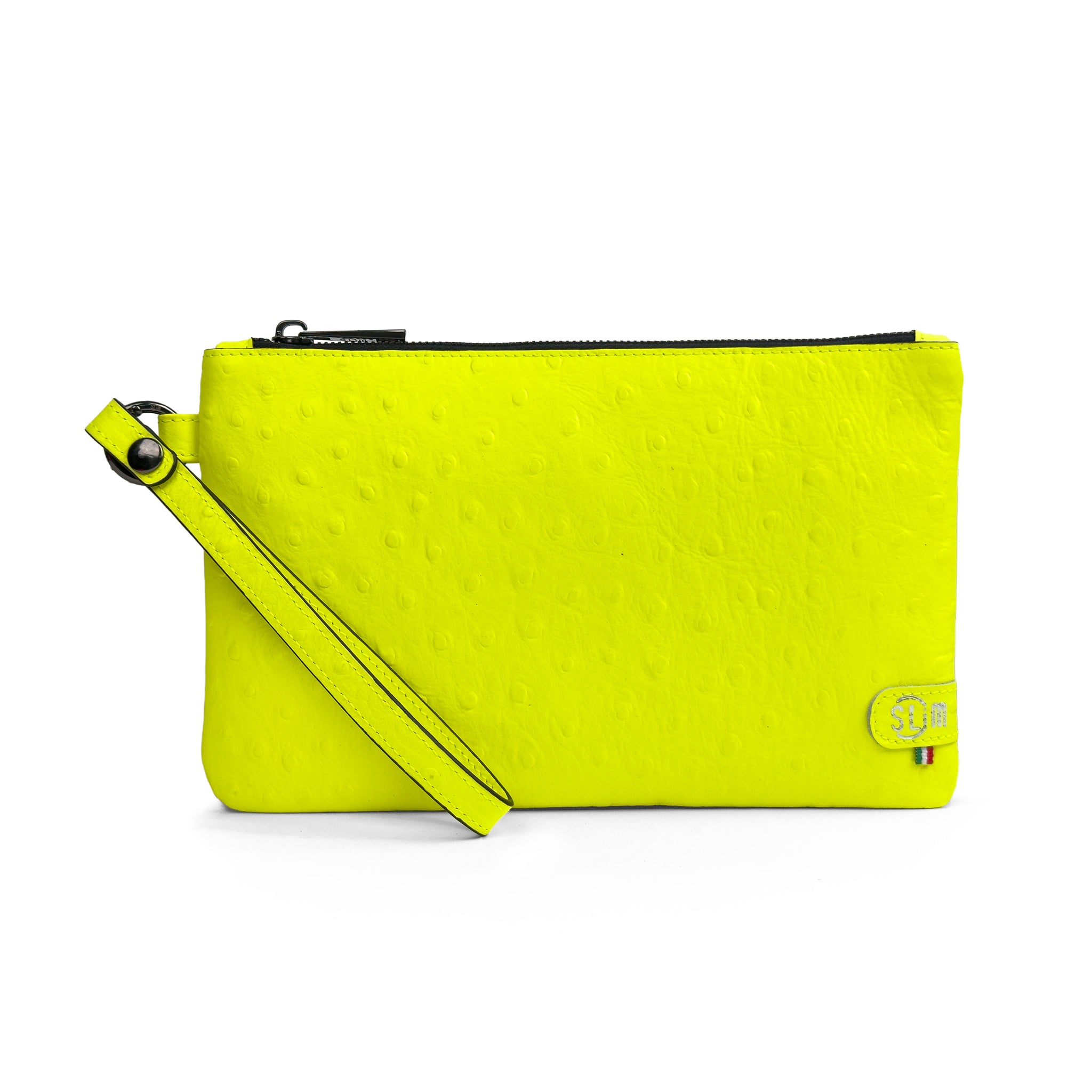 SLim Pochette Polsiera pelle struzzo giallo fluo 23x14 cm
